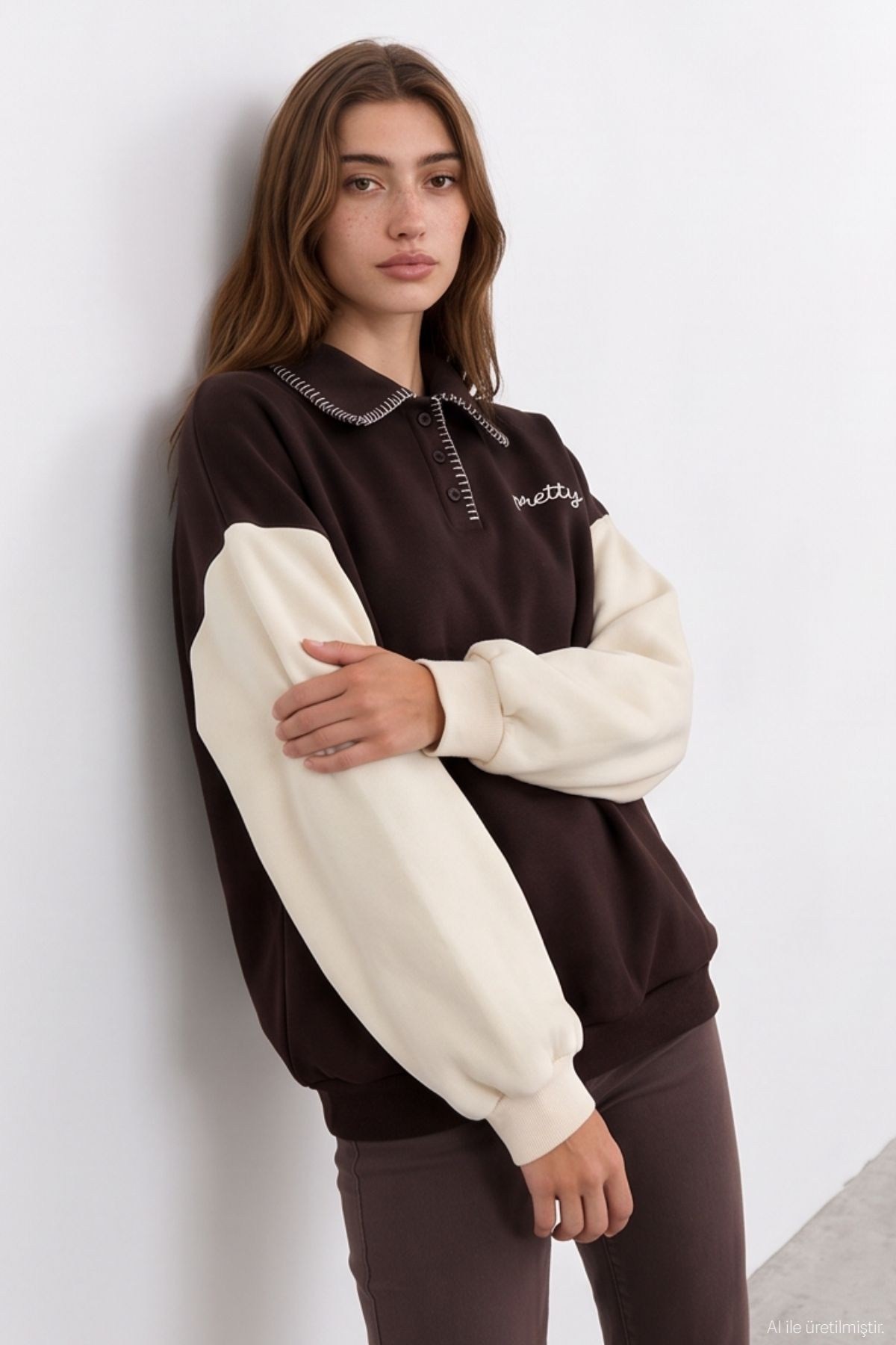 Quzu Nakış Detaylı Sweatshirt Kahve
