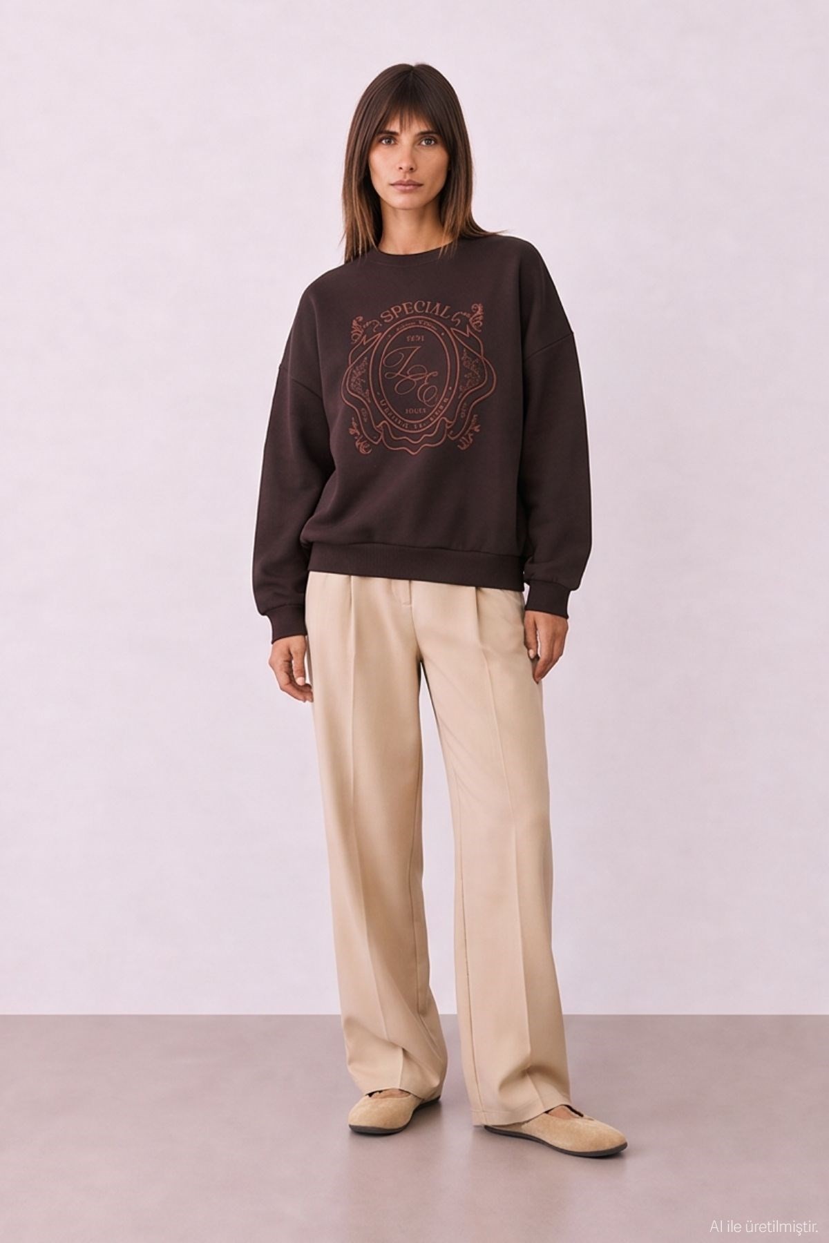 Quzu Nakış Detaylı Sweatshirt Kahve