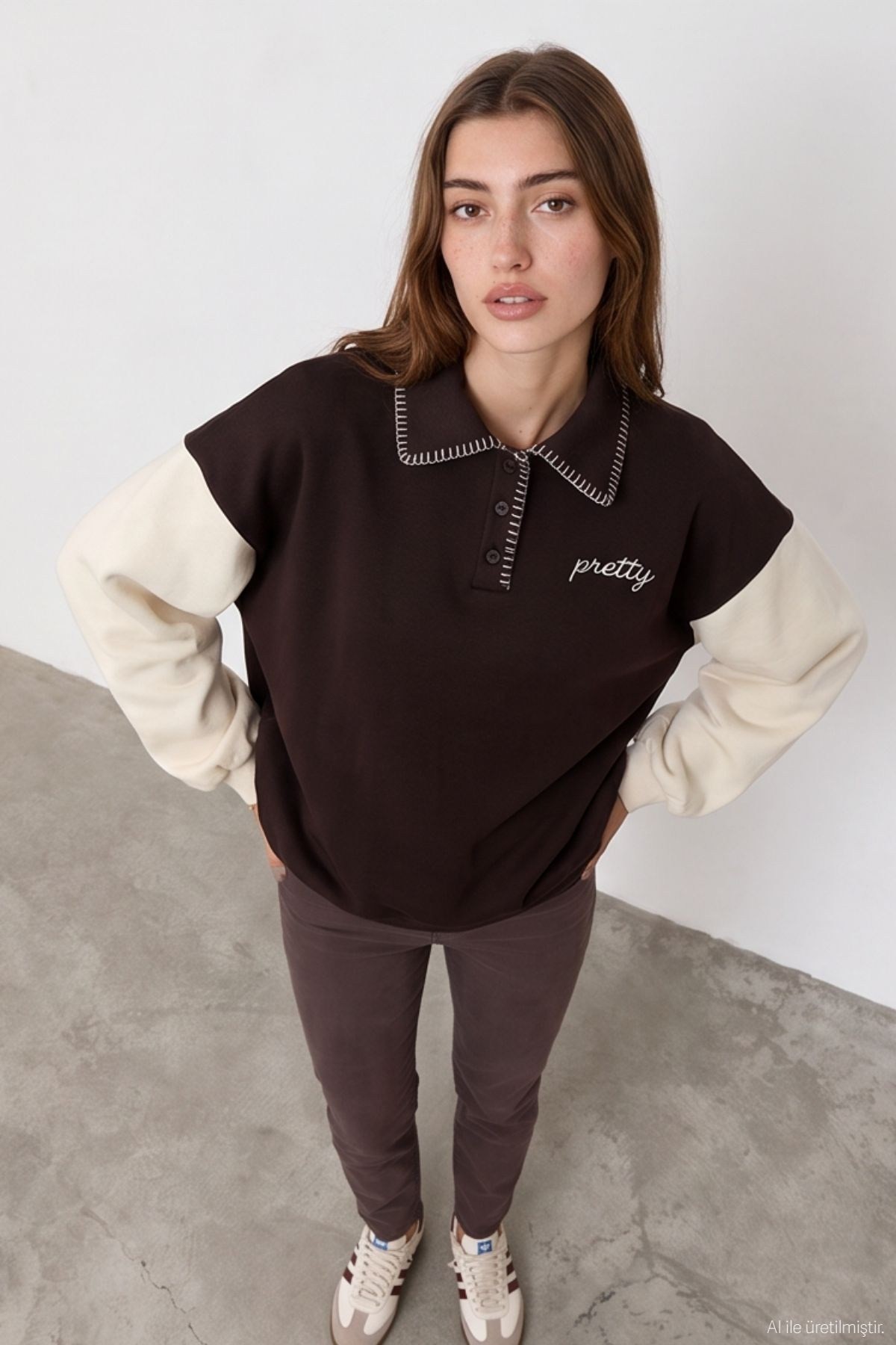 Quzu Nakış Detaylı Sweatshirt Kahve