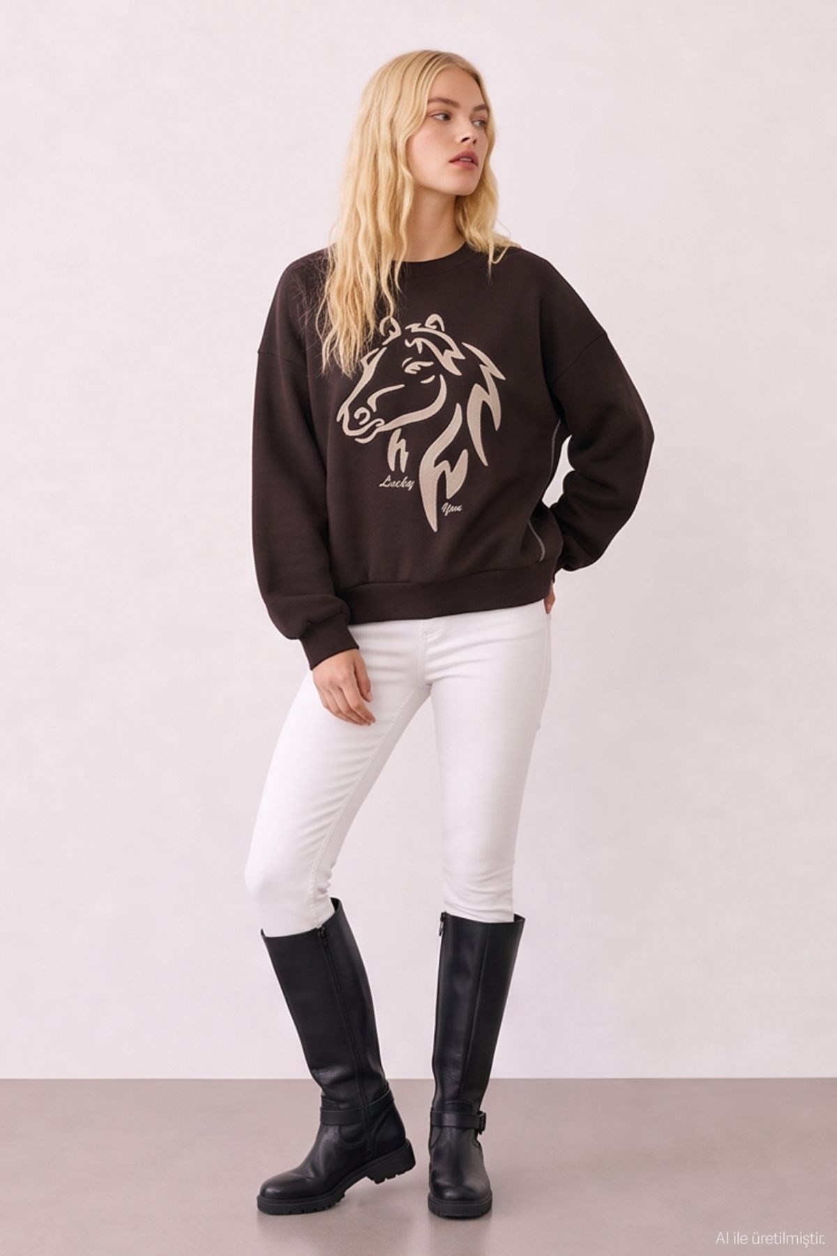 Quzu Nakış Detaylı Sweatshirt Kahve