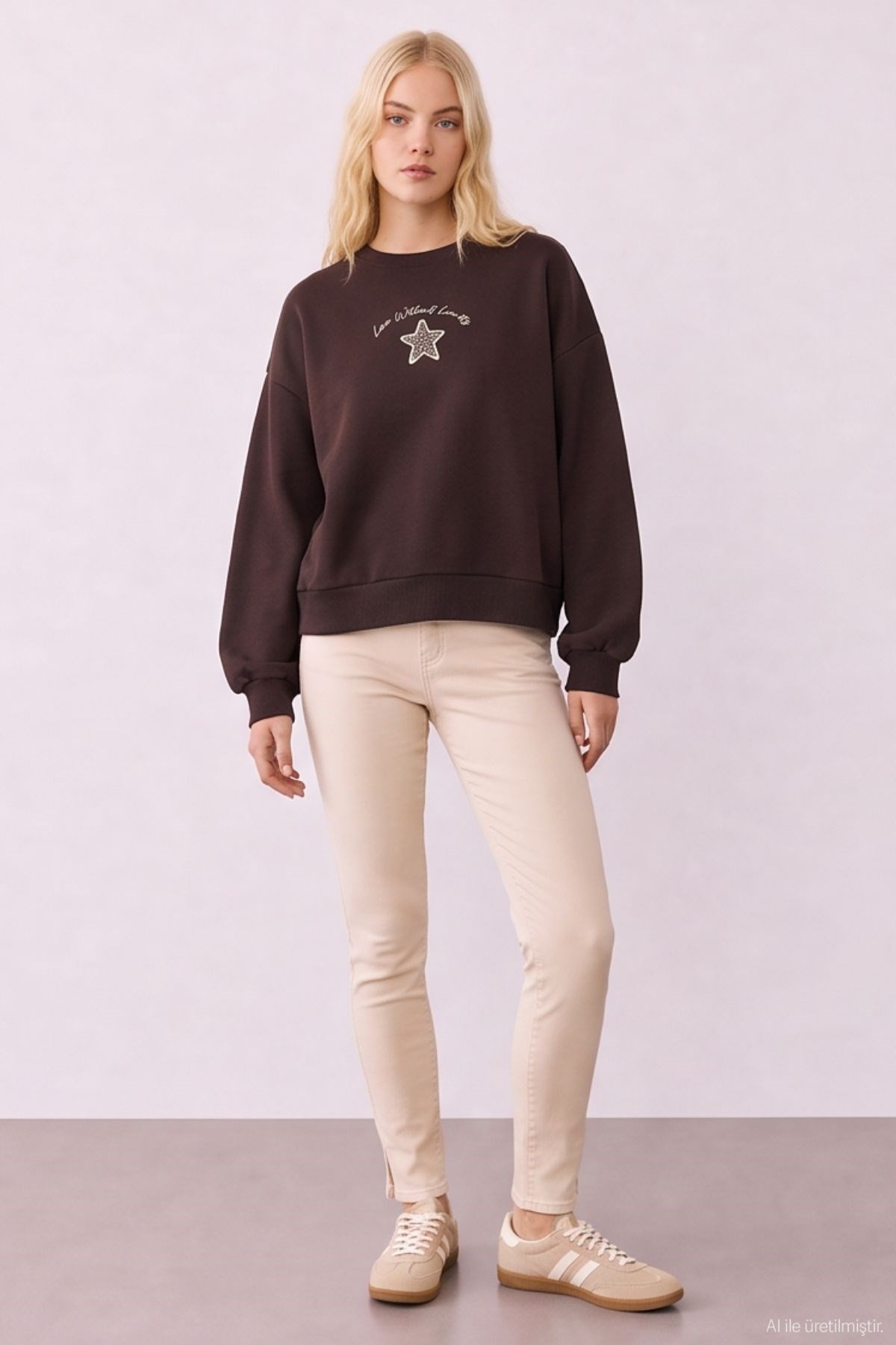 Quzu Nakış Detaylı Sweatshirt Kahve