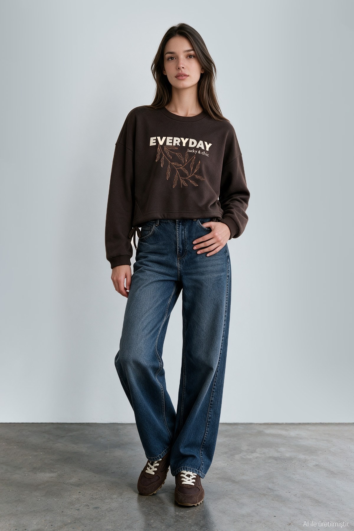 Quzu Nakış Detaylı Sweatshirt Kahve
