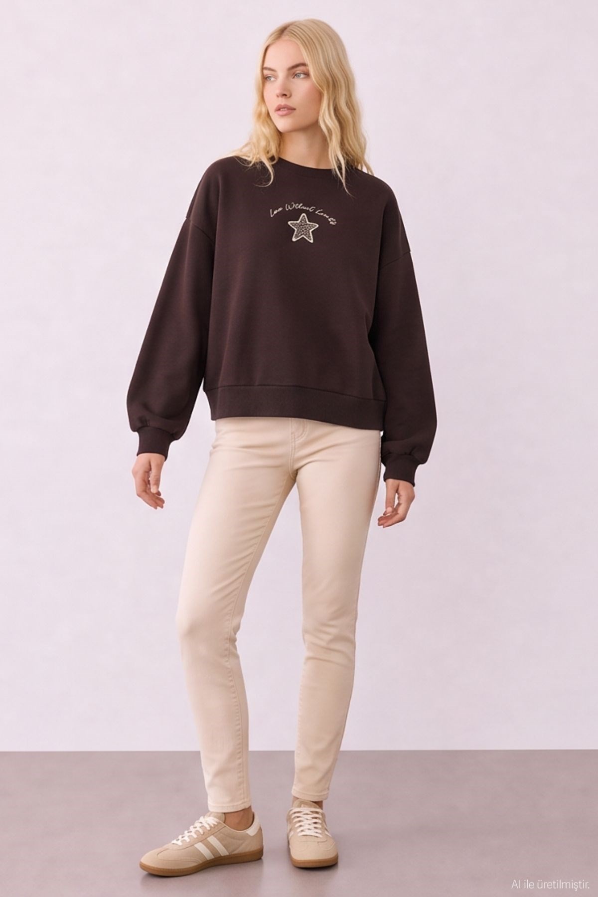 Quzu Nakış Detaylı Sweatshirt Kahve