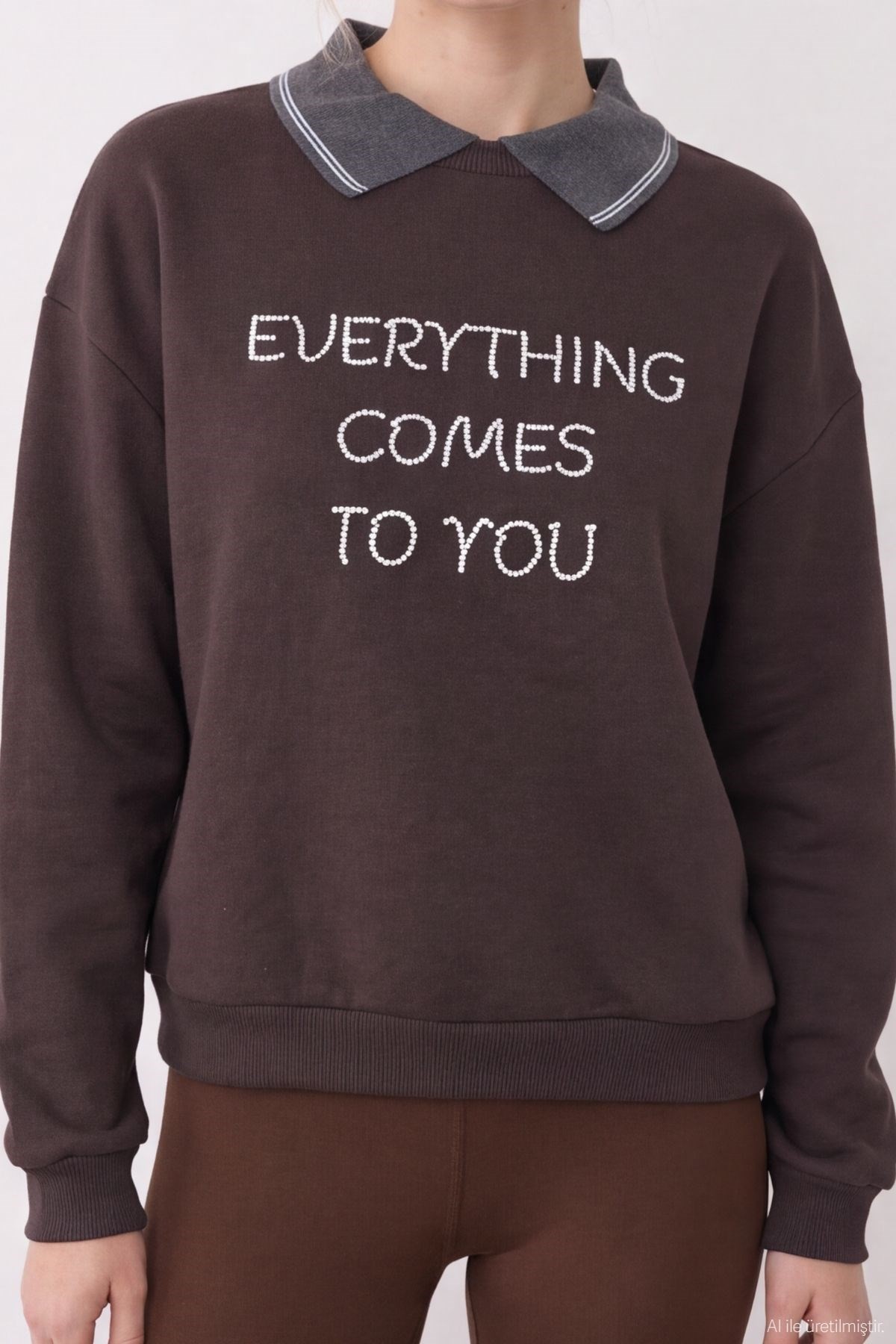 Quzu Nakış Detaylı Sweatshirt Kahve