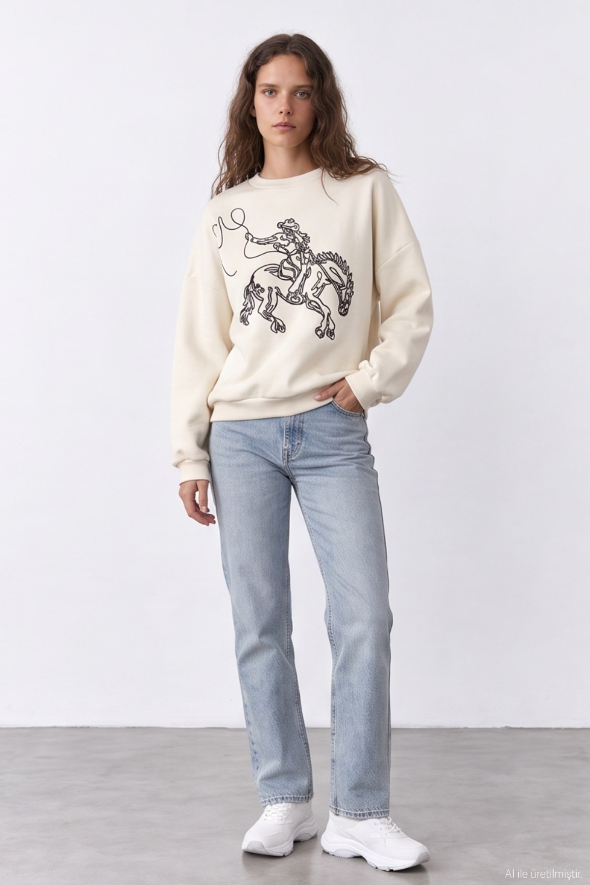 Quzu Nakış Detaylı Sweatshirt Krem