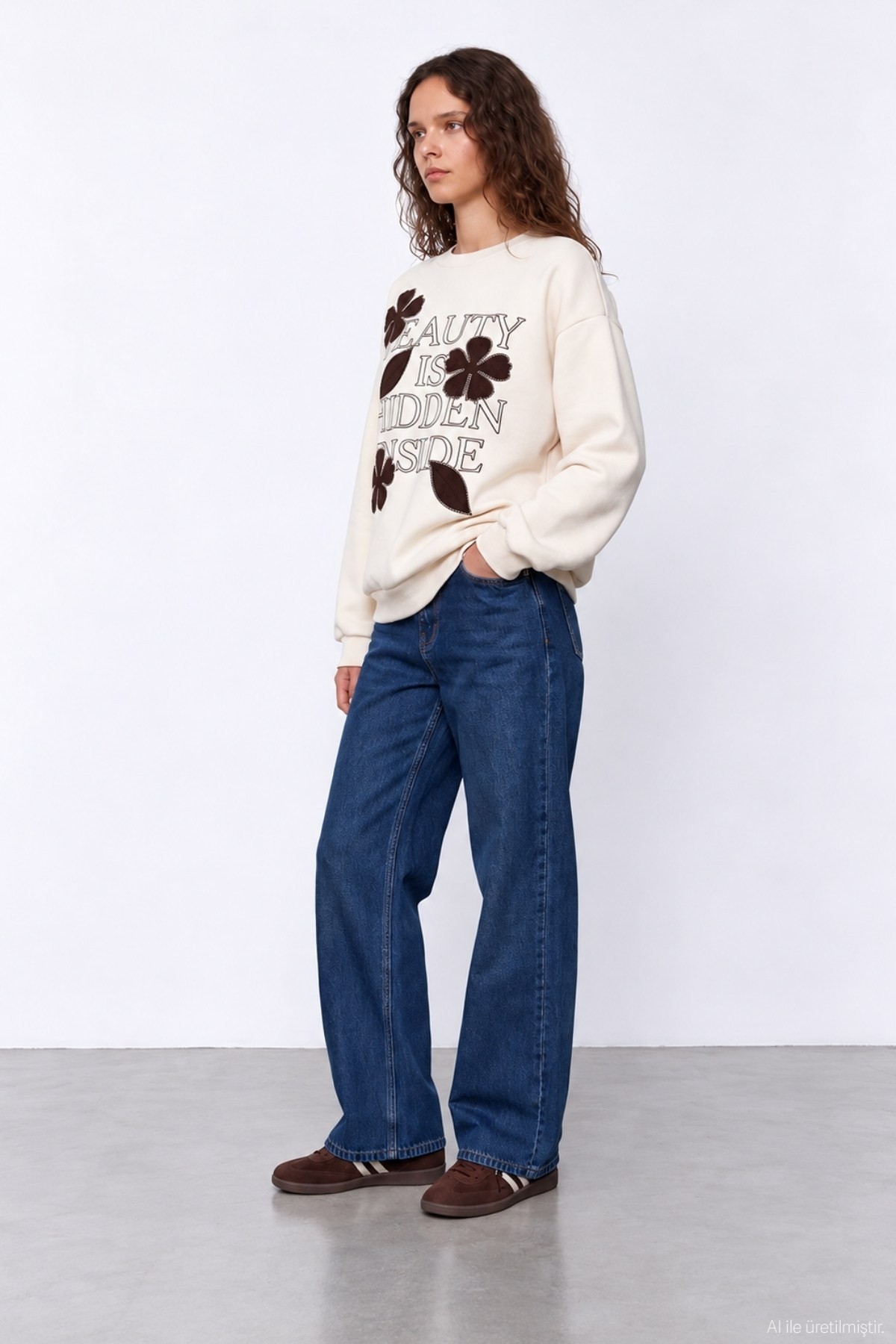 Quzu Nakış Detaylı Sweatshirt Krem