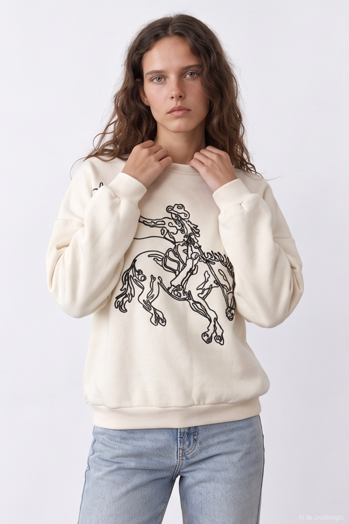 Quzu Nakış Detaylı Sweatshirt Krem