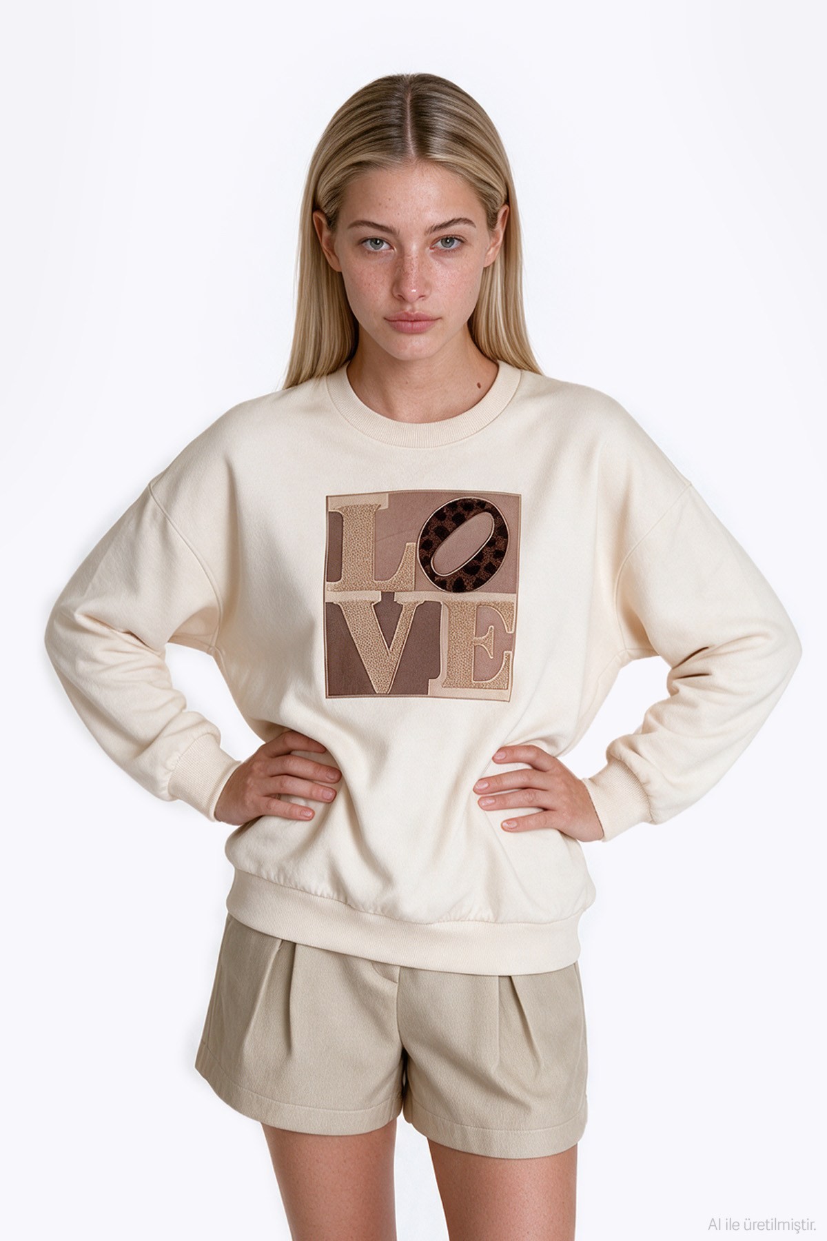 Quzu Nakış Detaylı Sweatshirt Krem
