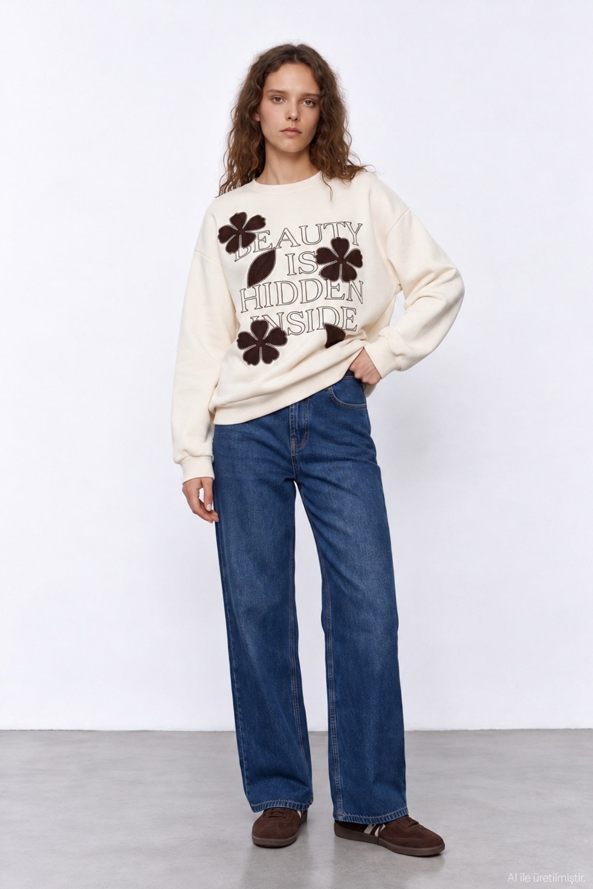 Quzu Nakış Detaylı Sweatshirt Krem