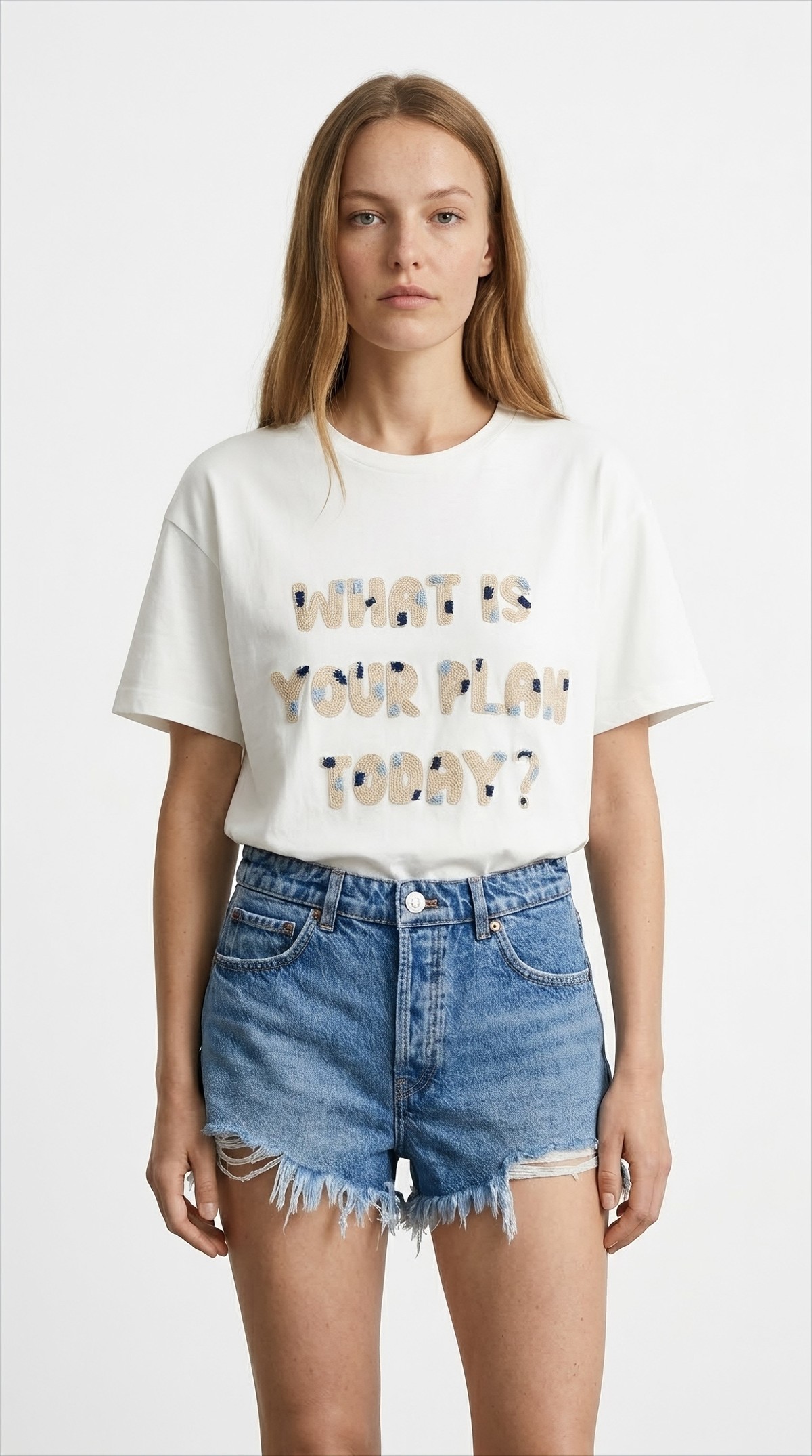 Quzu Nakış Detaylı T-shirt Ekru