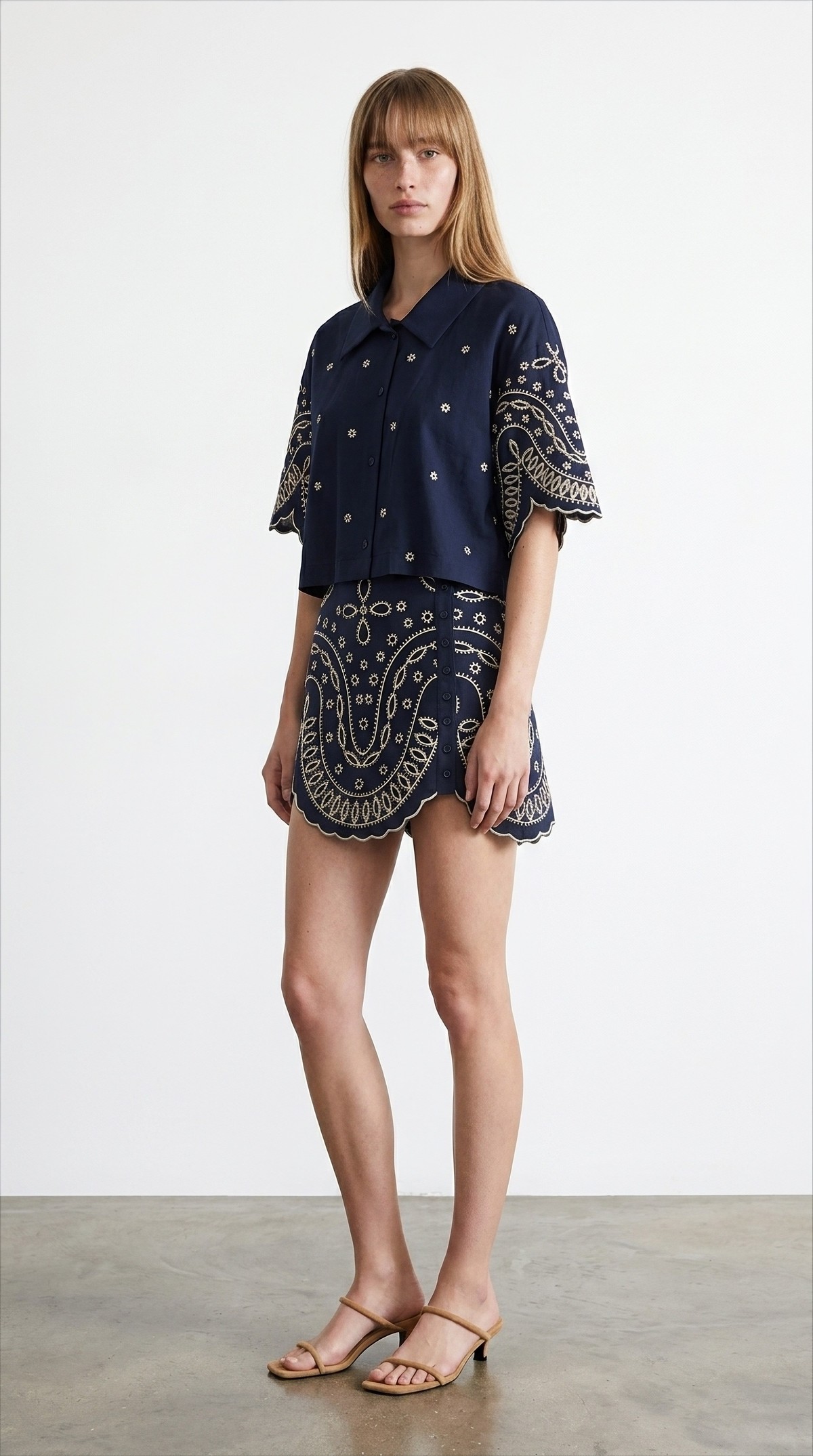Quzu Embroidered Button Detail Skirt Navy Blue Blue