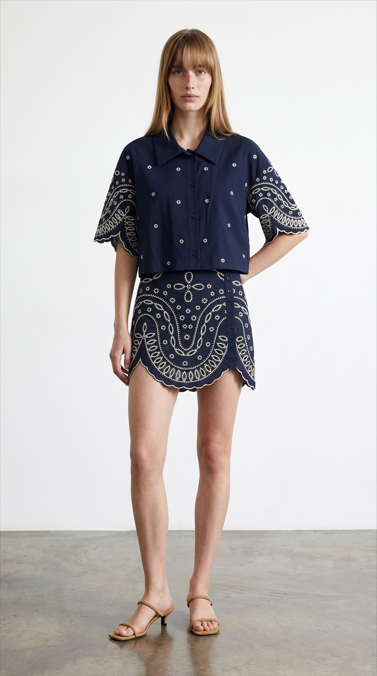 Quzu Embroidered Button Detail Skirt Navy Blue Blue