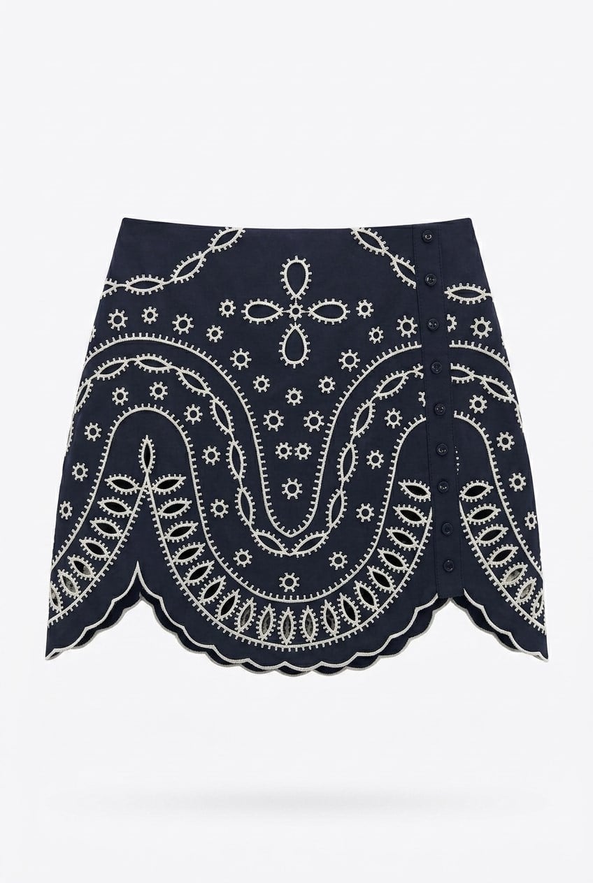 Quzu Embroidered Button Detail Skirt Navy Blue Blue