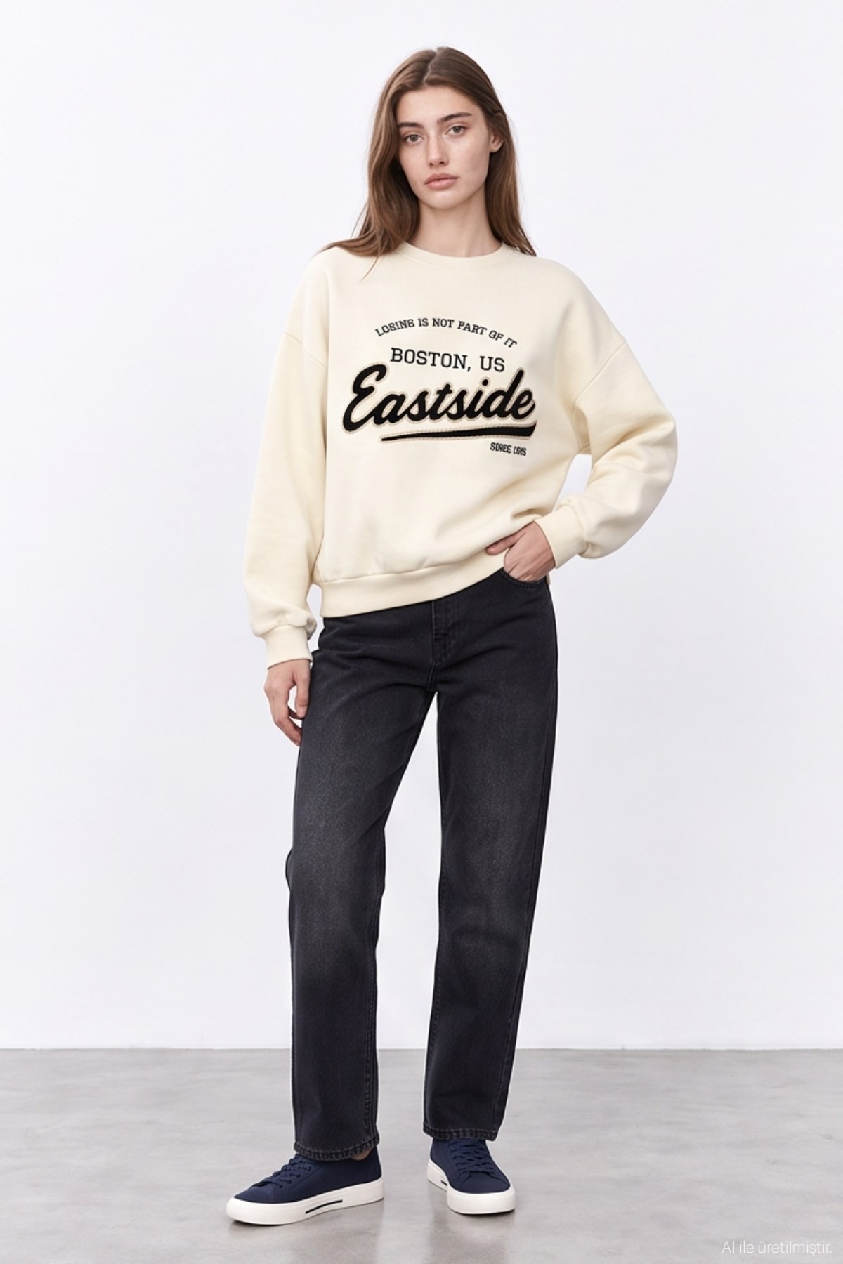 Quzu Nakışı Detaylı Sweatshirt Krem