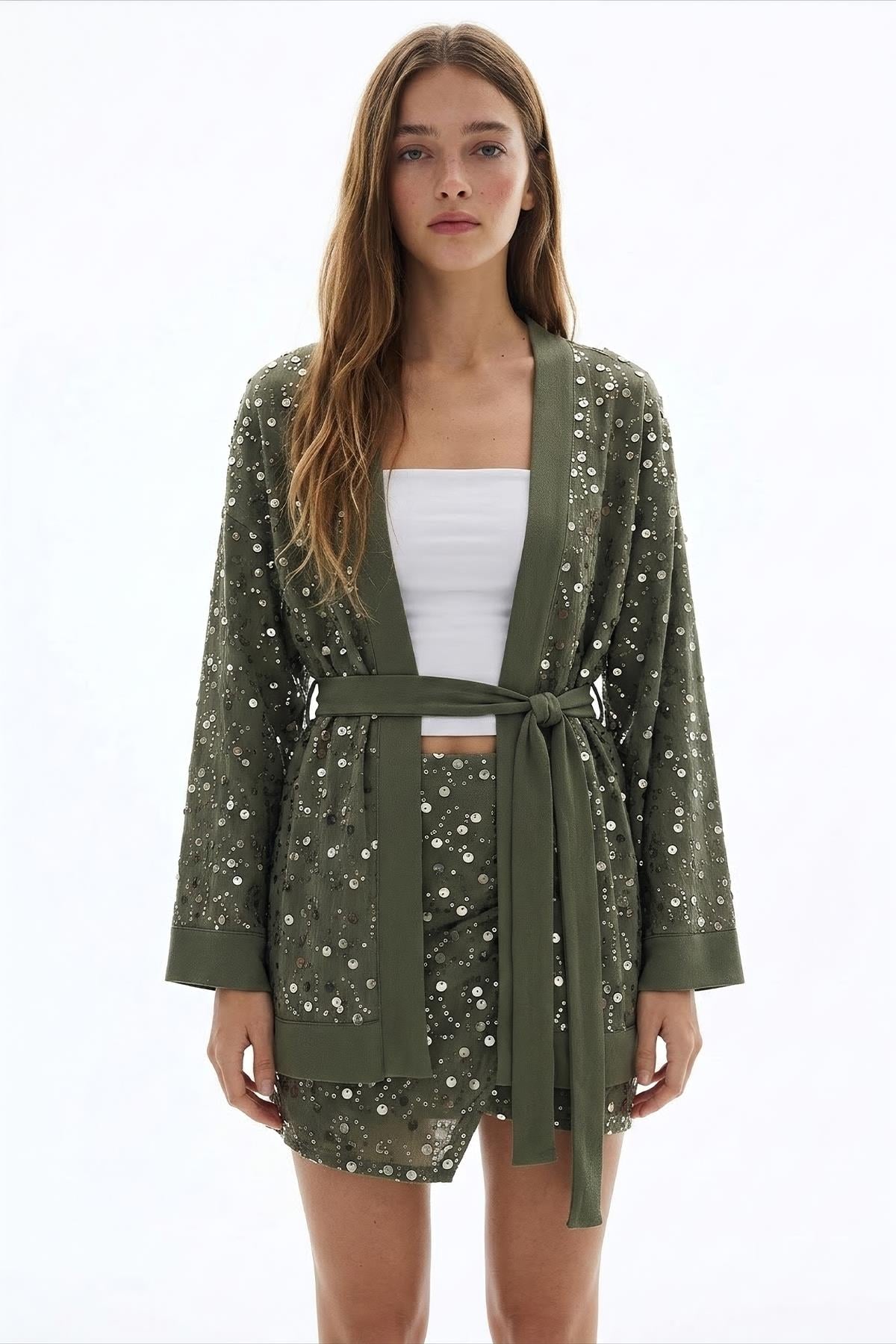 Quzu Nakışlı Kuşak Detaylı Kimono Haki