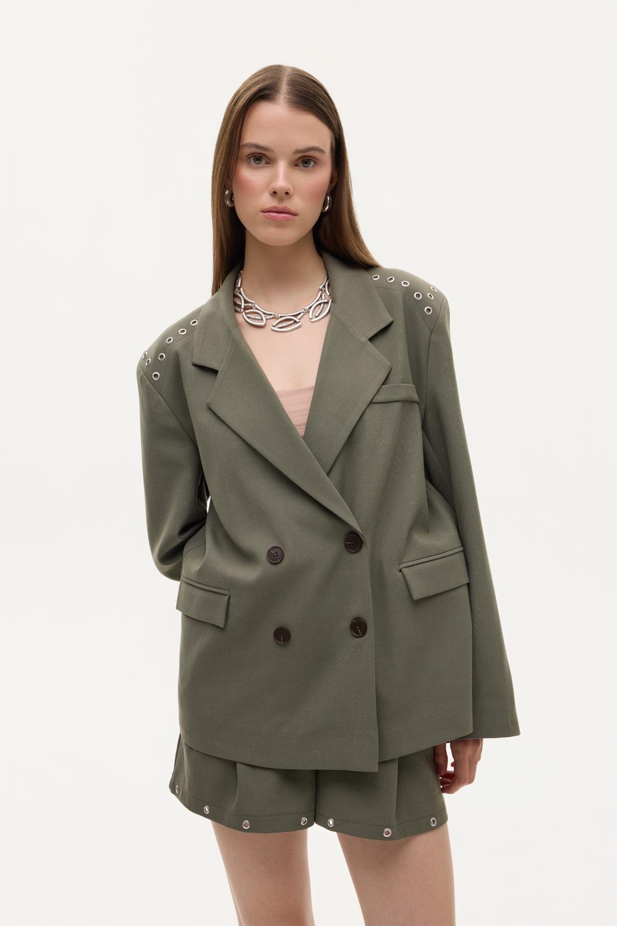 Quzu Omuz Detaylı Blazer Ceket Haki