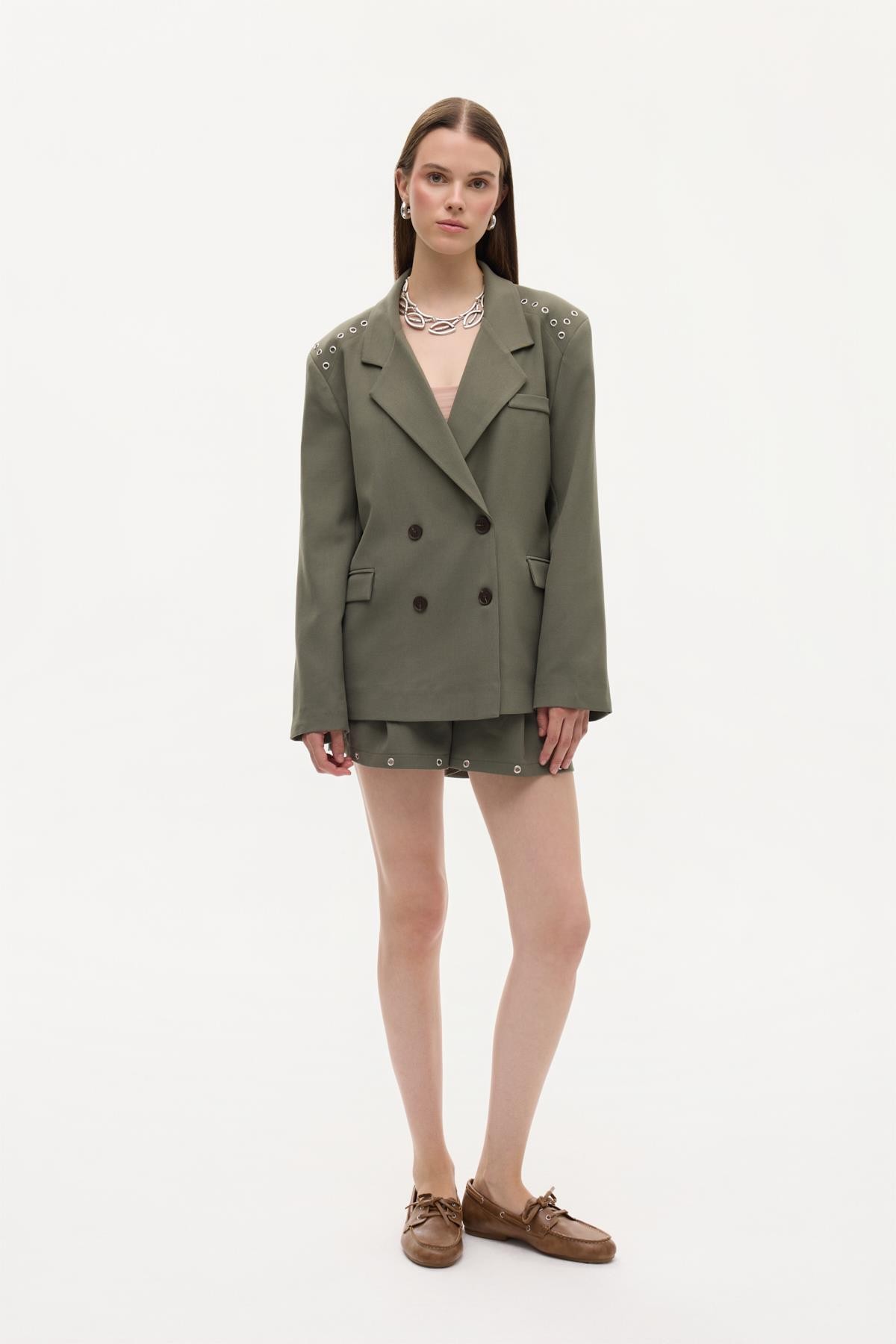 Quzu Omuz Detaylı Blazer Ceket Haki