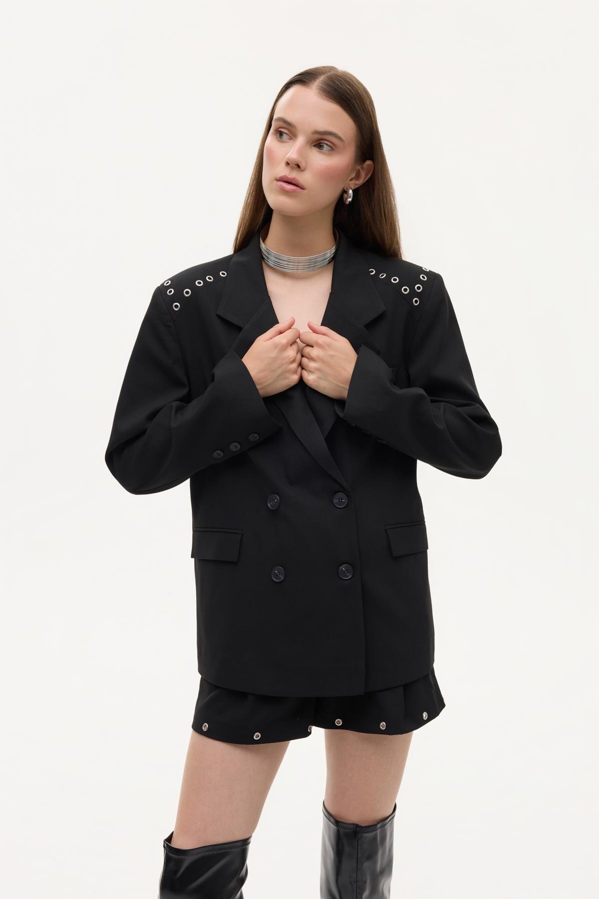 Quzu Omuz Detaylı Blazer Ceket Siyah