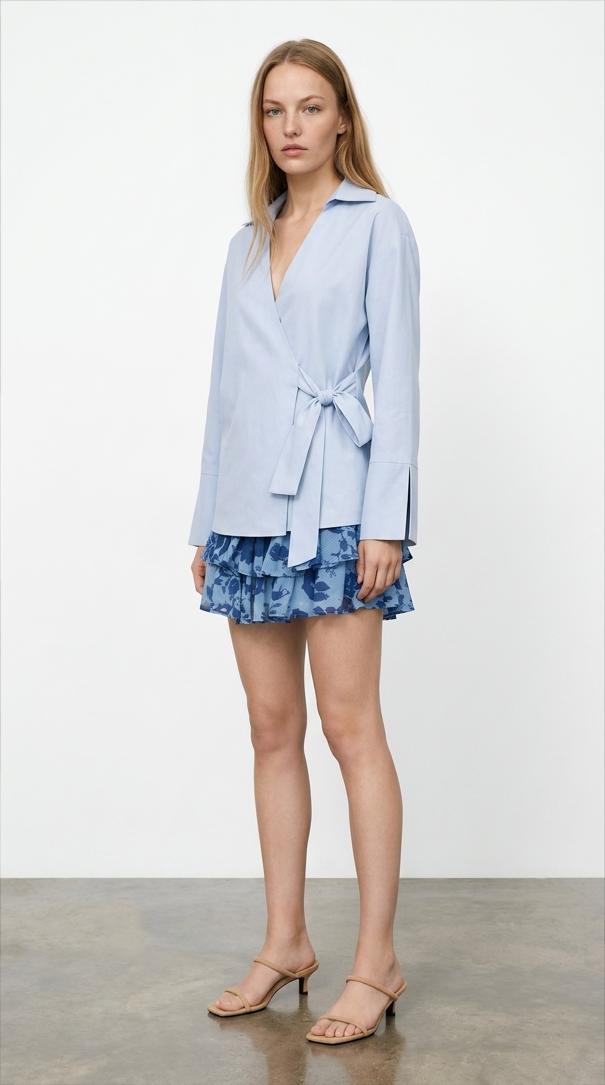 Quzu Front Tie Detailed Blouse Blue