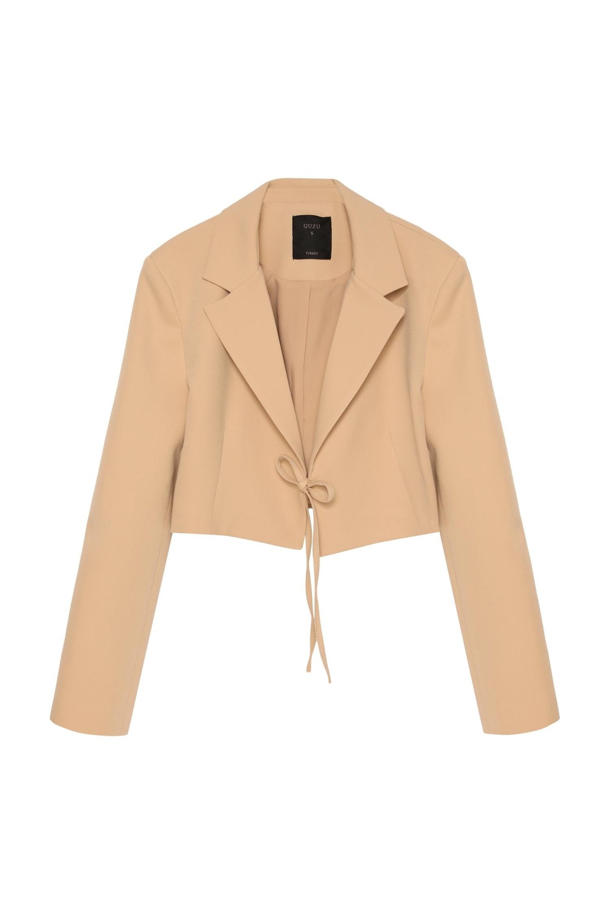 Quzu Önü Bağlamalı Crop Ceket Bej