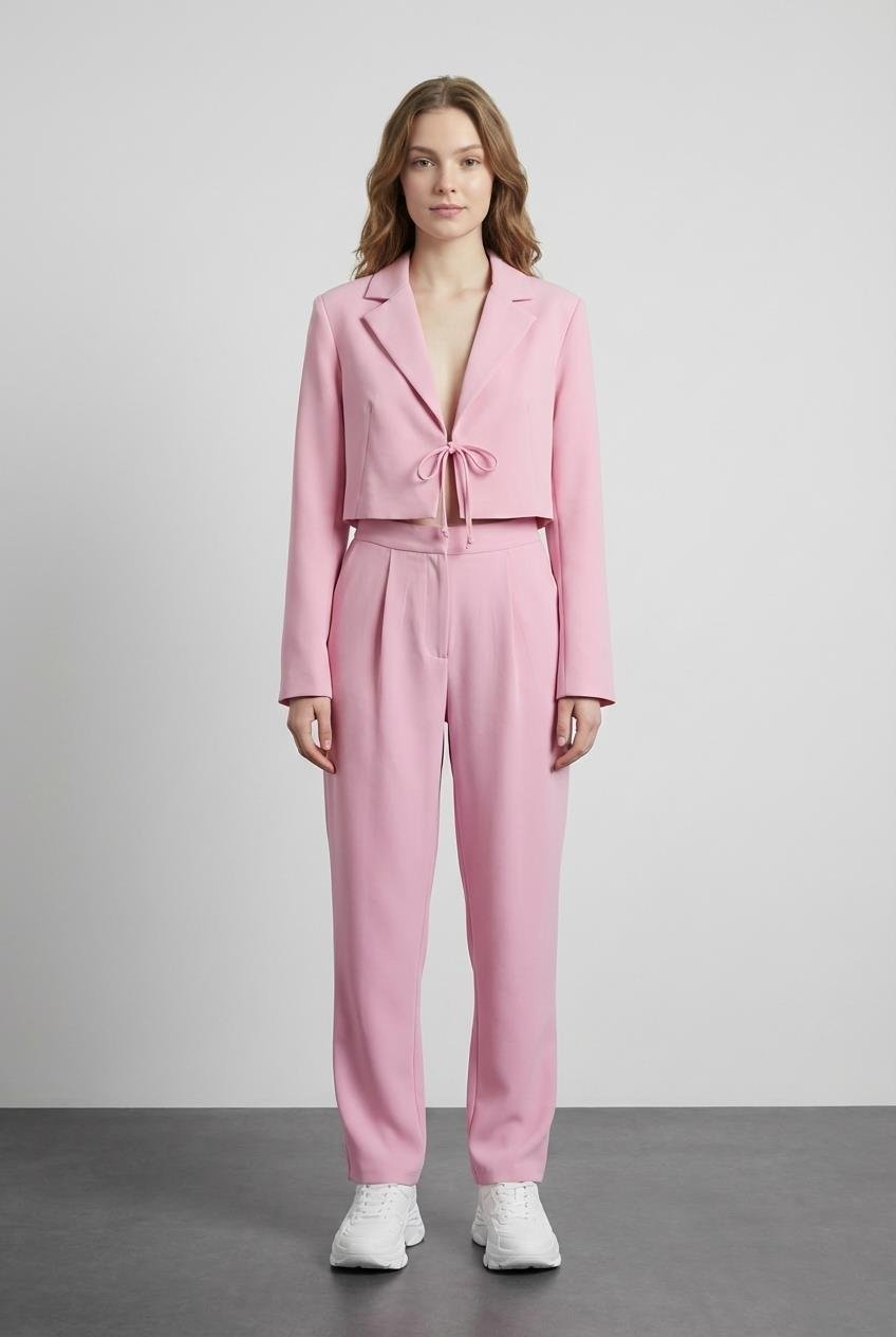 Quzu Önü Bağlamalı Crop Ceket Pembe