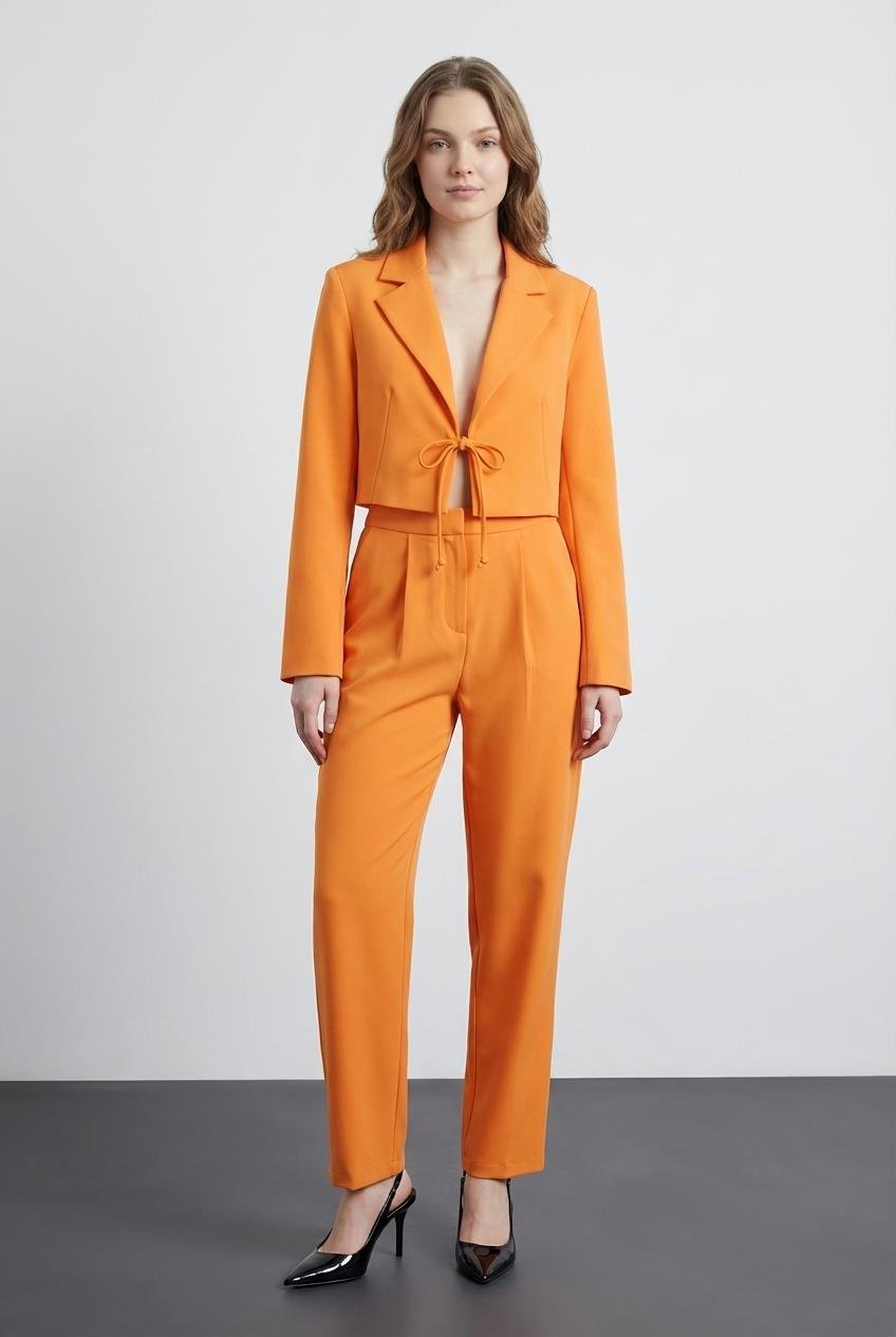 Quzu Önü Bağlamalı Crop Ceket Turuncu