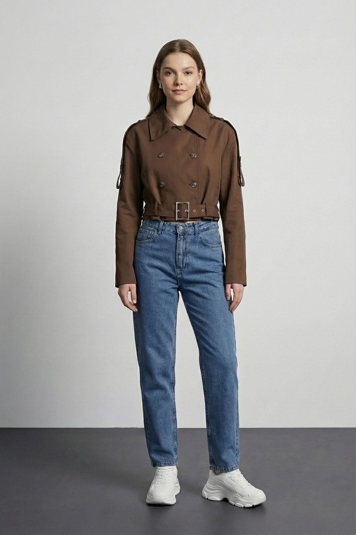 Quzu Önü Düğme Ve Kemerli Trençkot Kahve