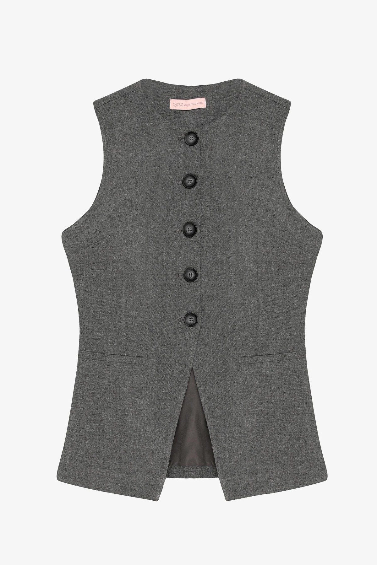 Quzu Önü Düğmeli Bisiklet Yaka Yelek Koyu Gri