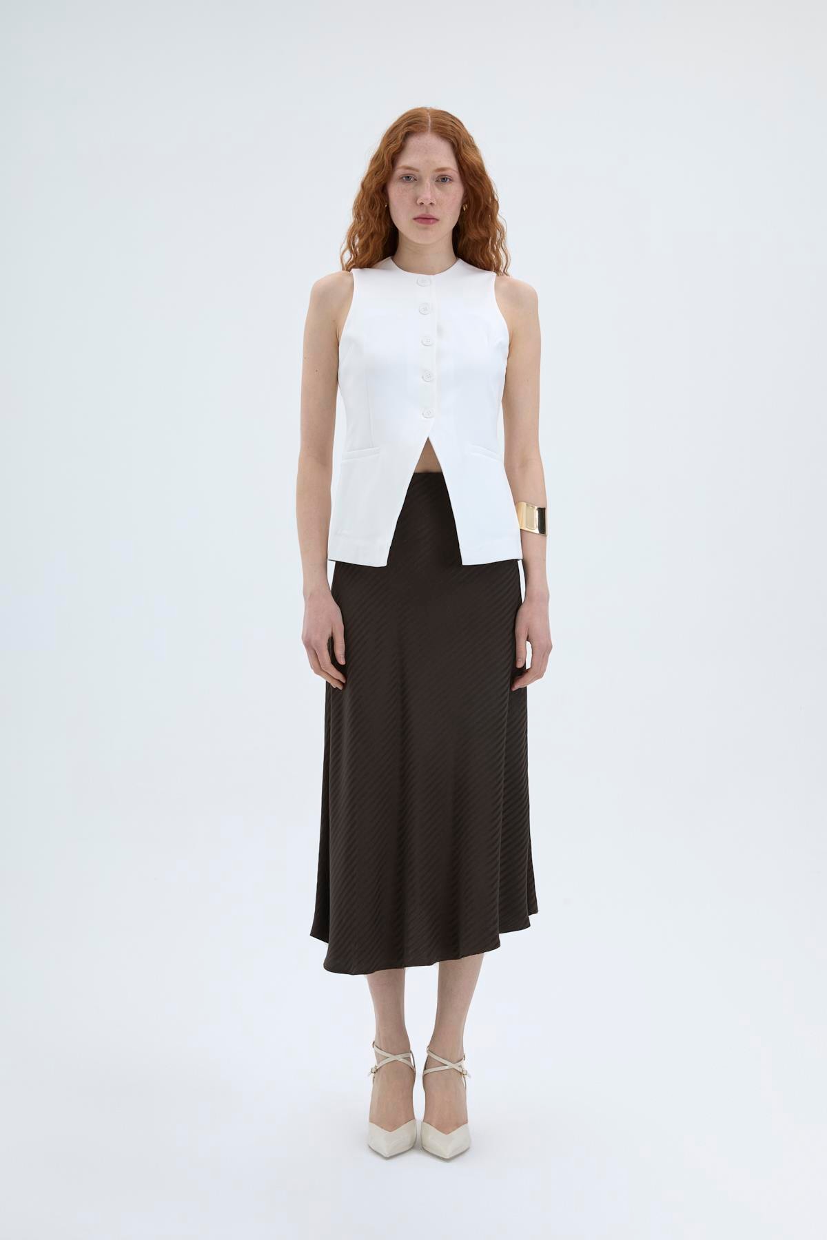 Quzu Önü Düğmeli Yelek Ekru