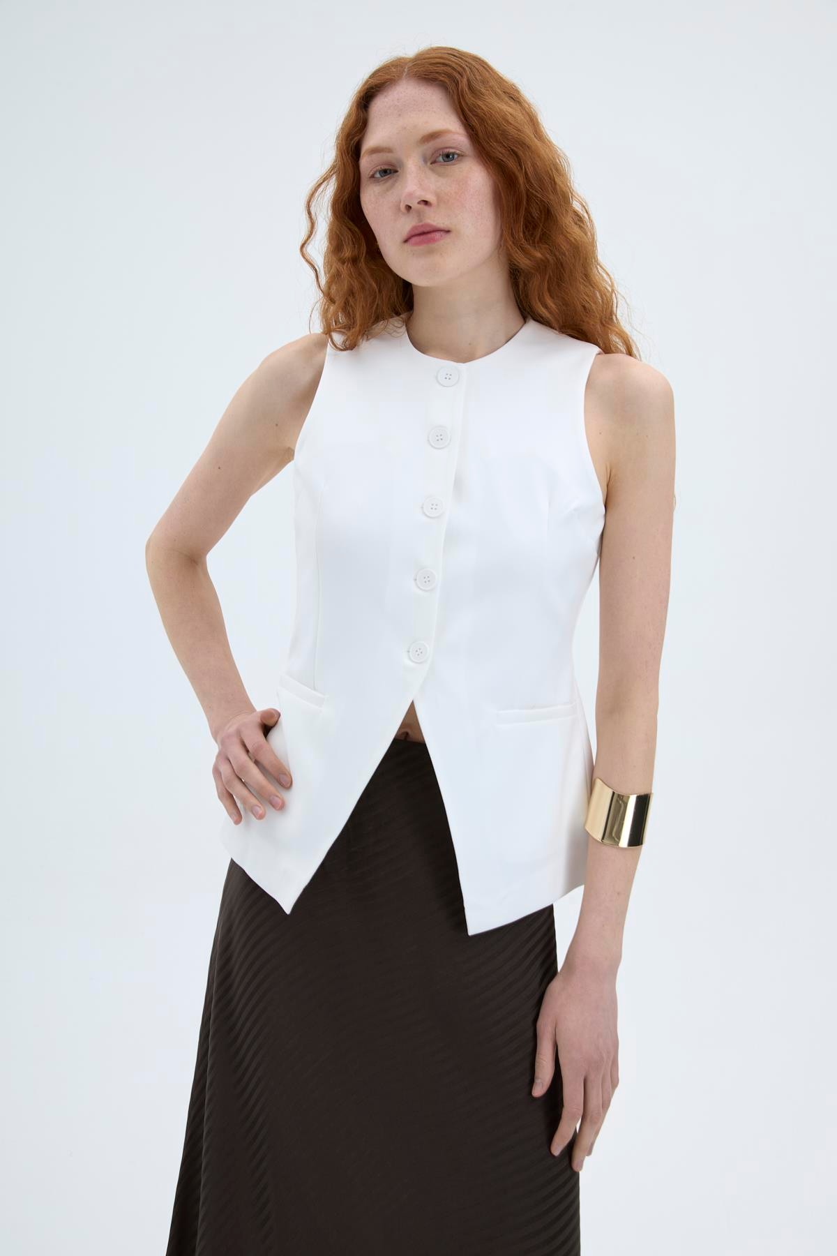 Quzu Önü Düğmeli Yelek Ekru