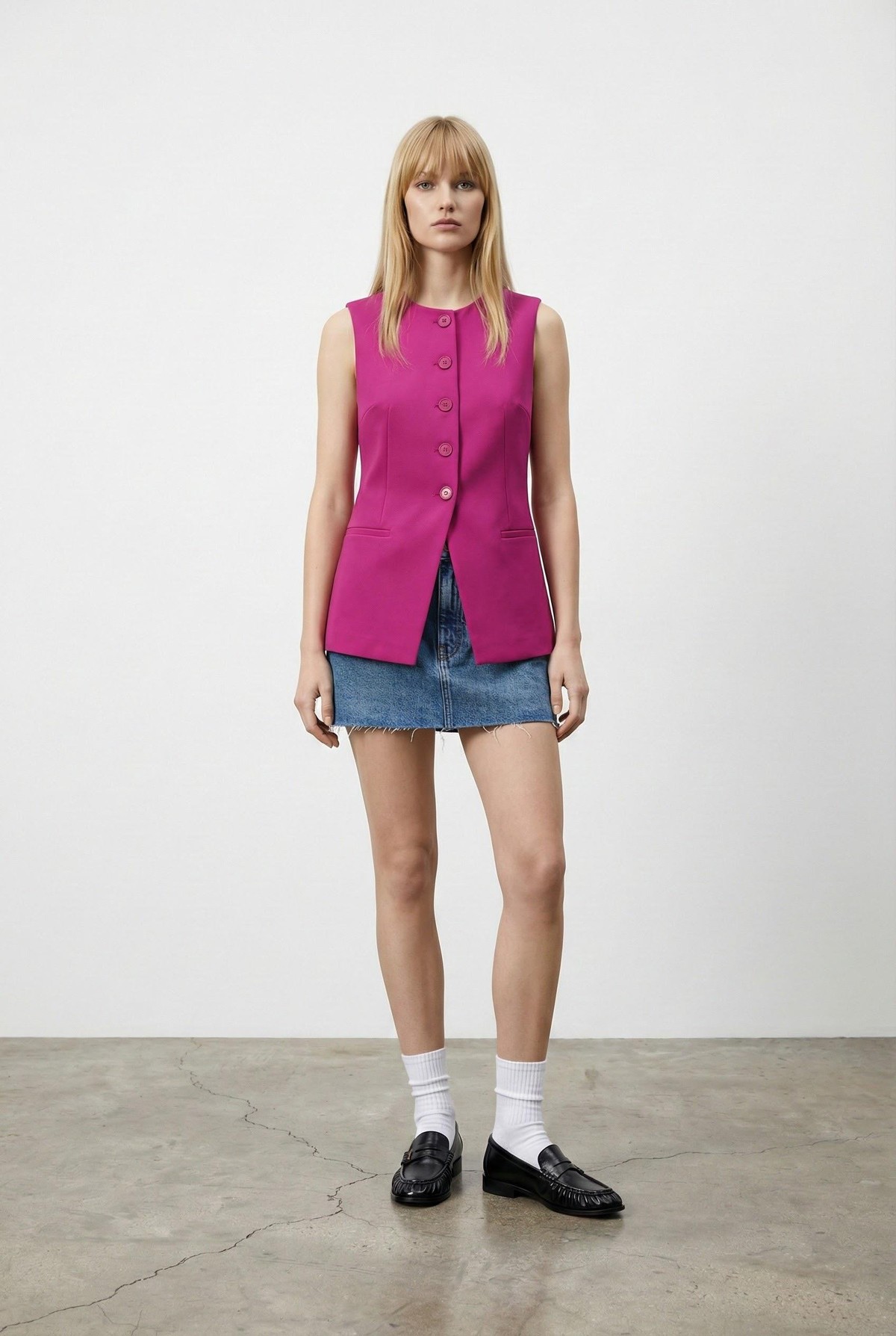 Quzu Önü Düğmeli Yelek Fuşya