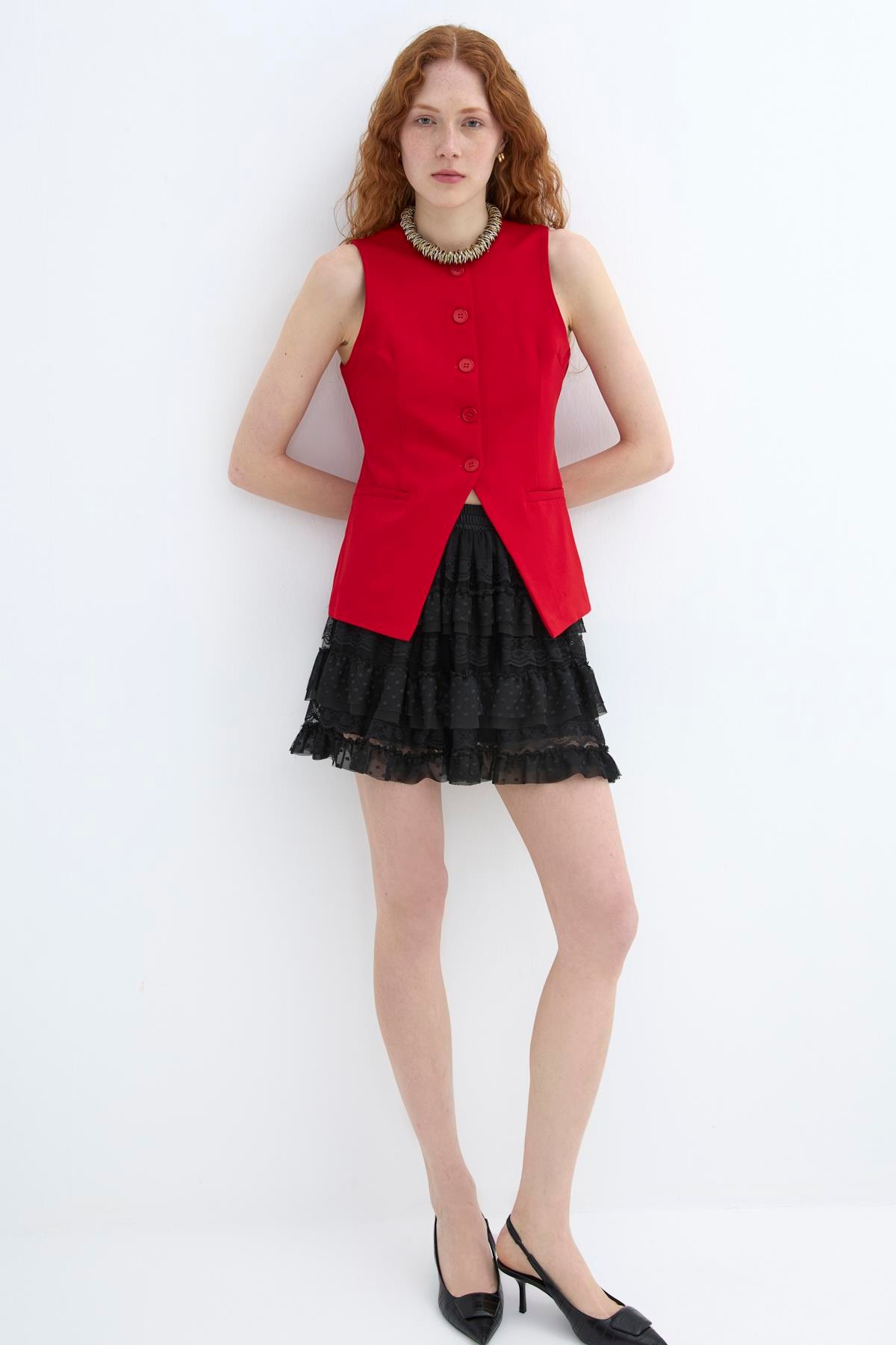 Quzu Önü Düğmeli Yelek Kırmızı