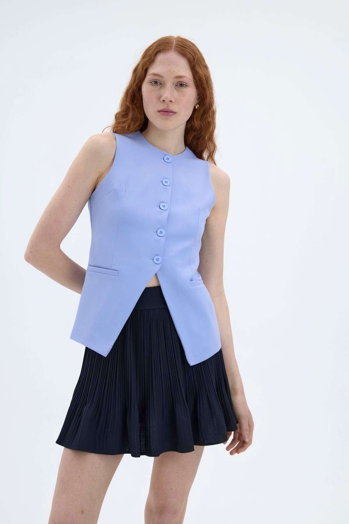 Quzu Önü Düğmeli Yelek Mavi