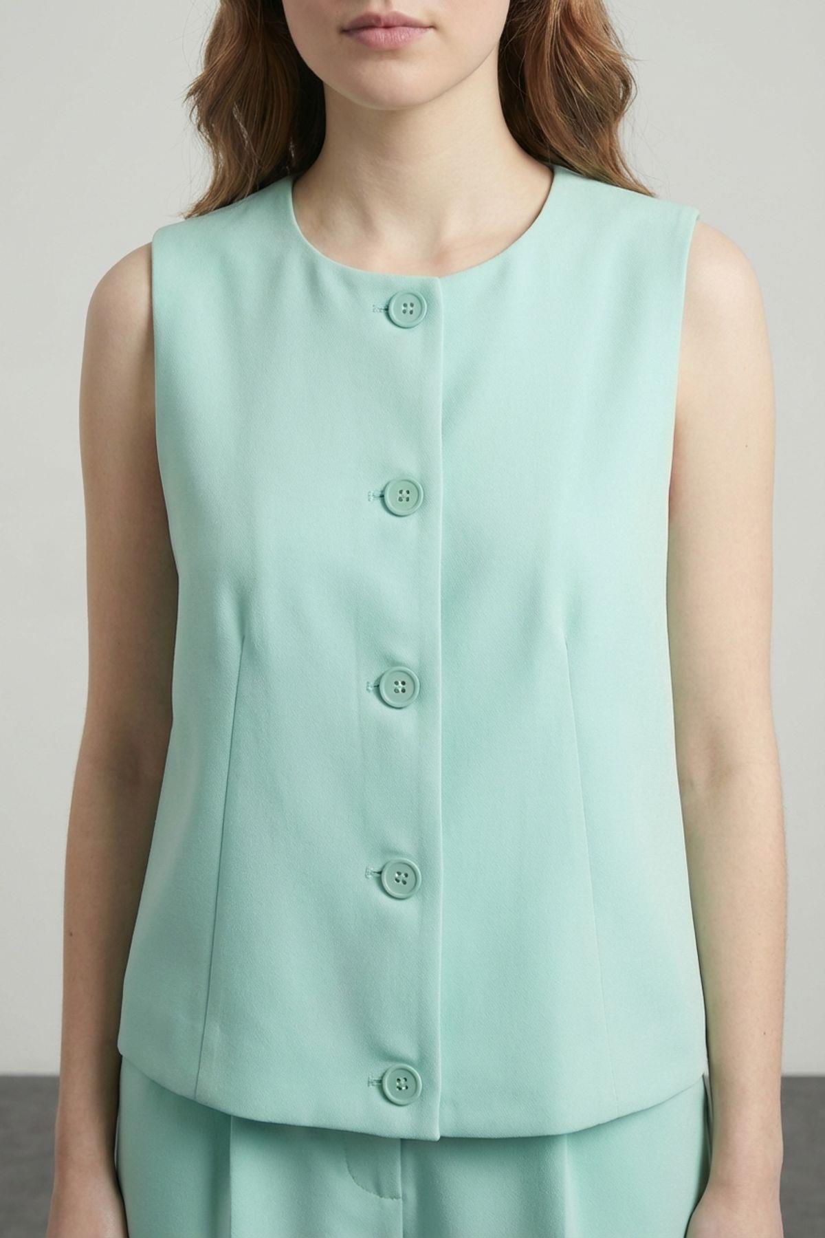 Quzu Önü Düğmeli Yelek Mint