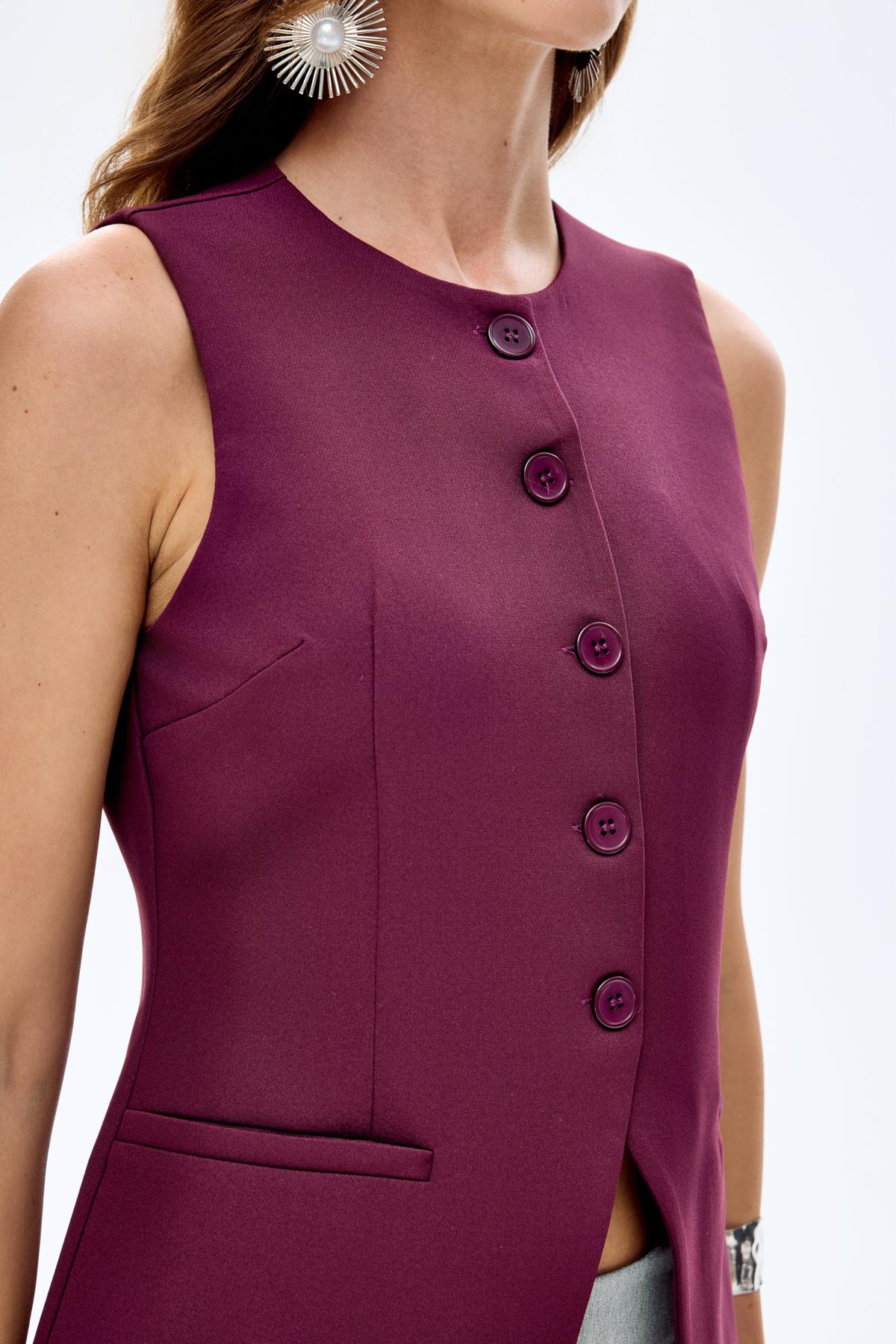 Quzu Önü Düğmeli Yelek Mürdüm