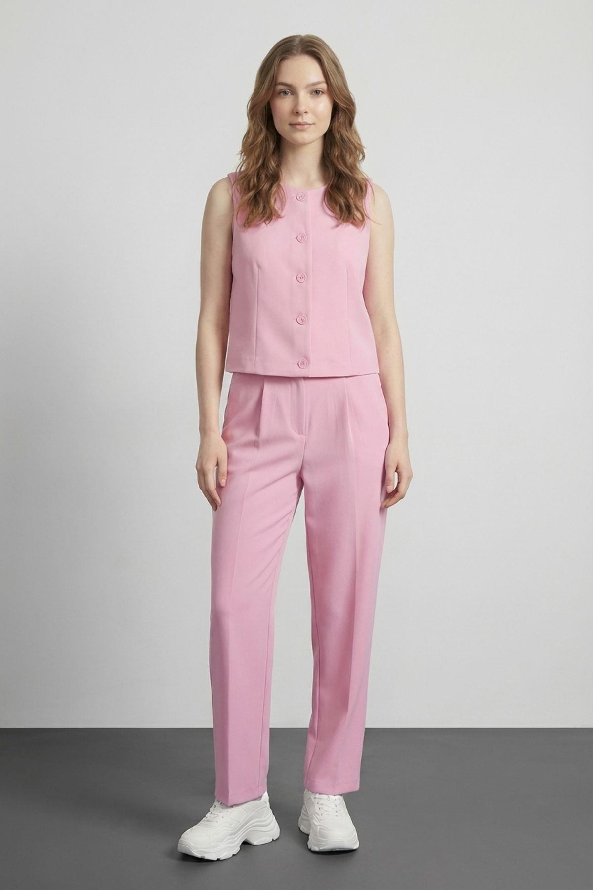 Quzu Önü Düğmeli Yelek Pembe