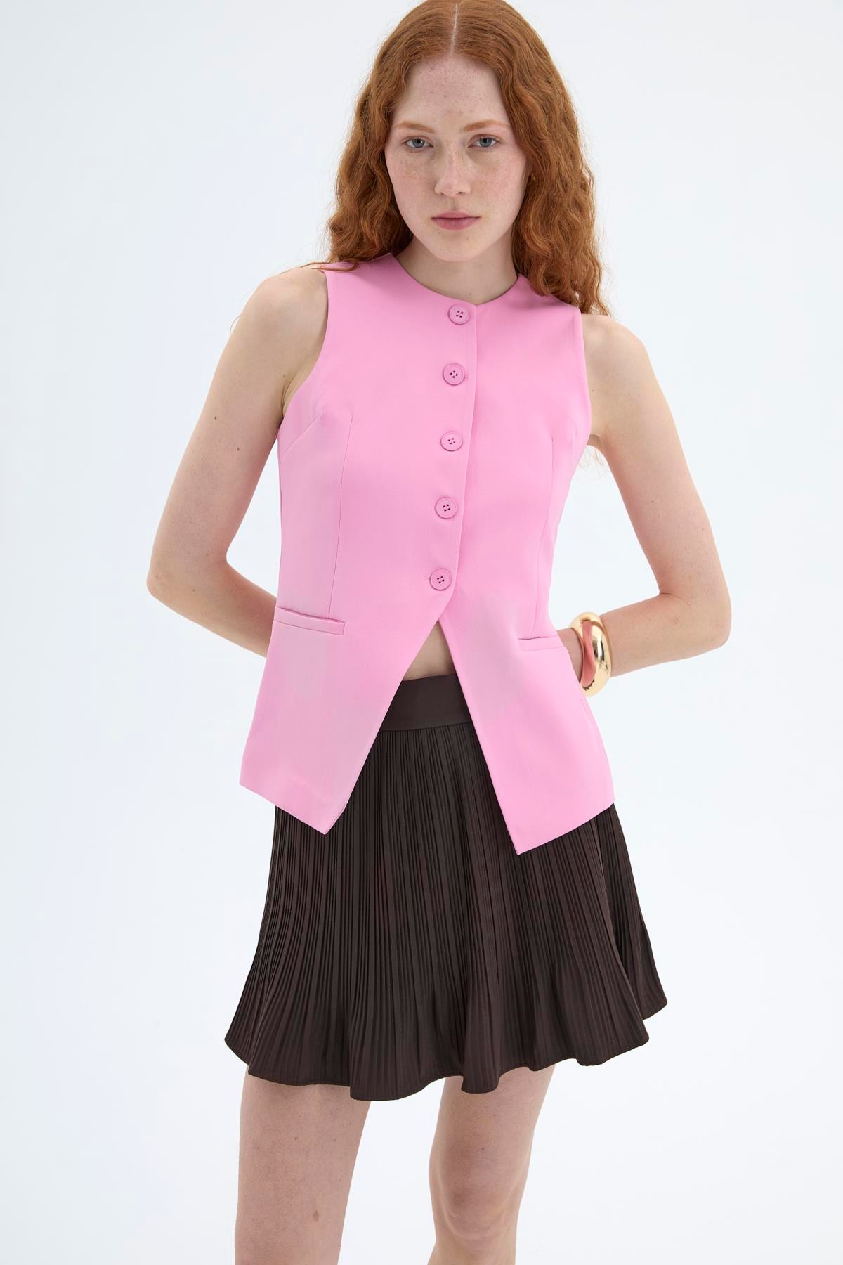 Quzu Önü Düğmeli Yelek Pembe