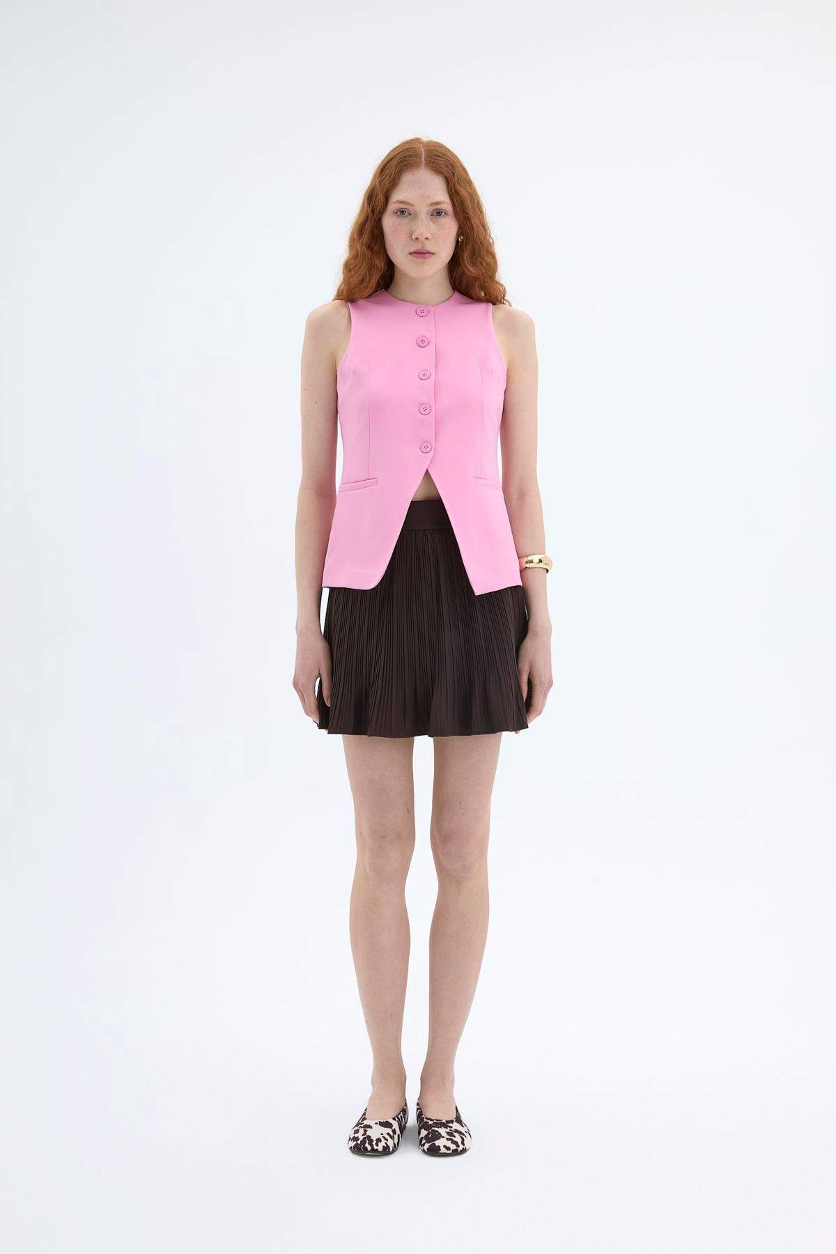 Quzu Önü Düğmeli Yelek Pembe