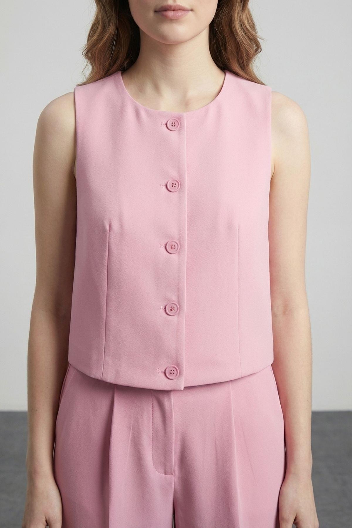 Quzu Önü Düğmeli Yelek Pembe