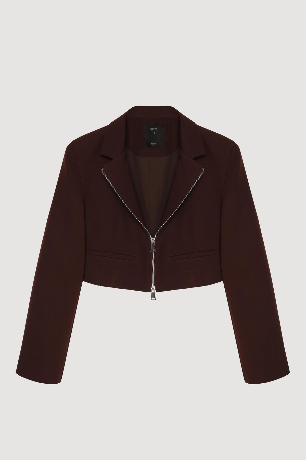 Quzu Önü Fermuarlı Crop Ceket Kahve