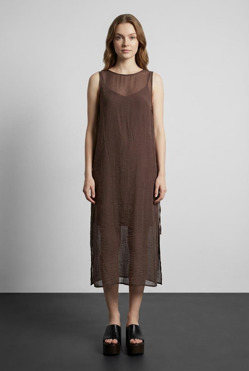 Quzu Organze Astarlı Elbise Kahve