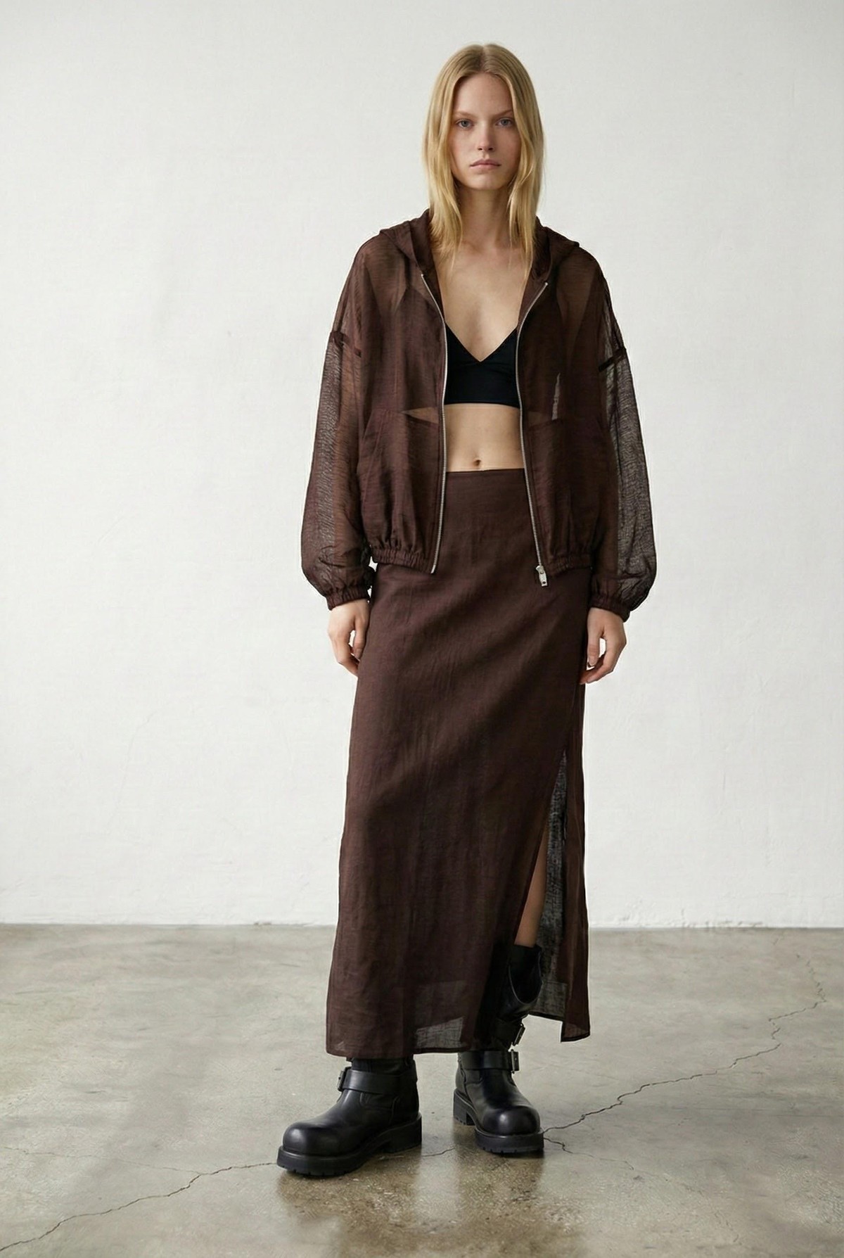 Quzu Organze Kapüşonlu Ceket Kahve