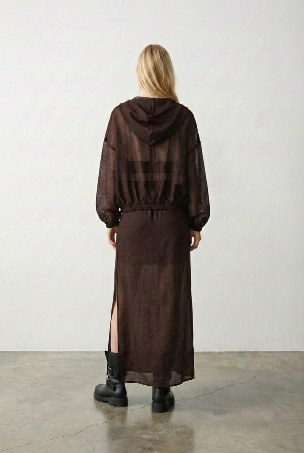 Quzu Organze Kapüşonlu Ceket Kahve