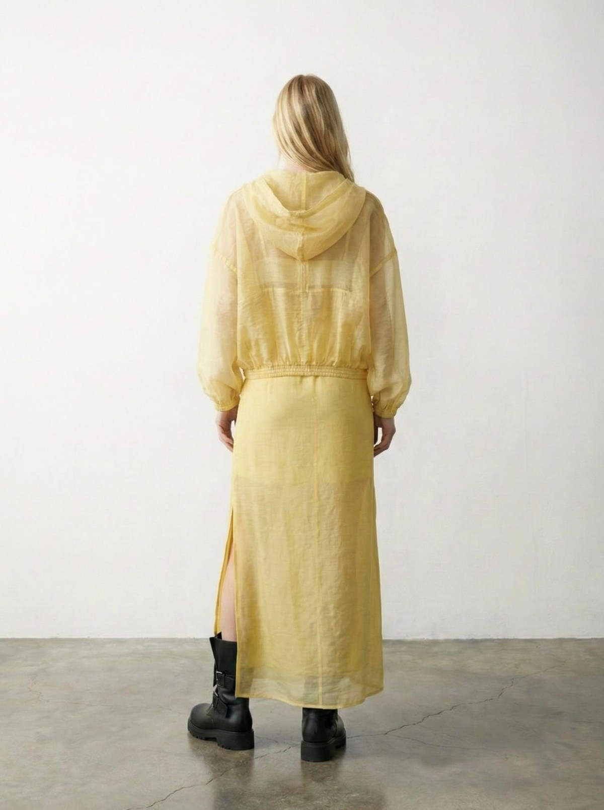 Quzu Organze Kapüşonlu Ceket Sarı