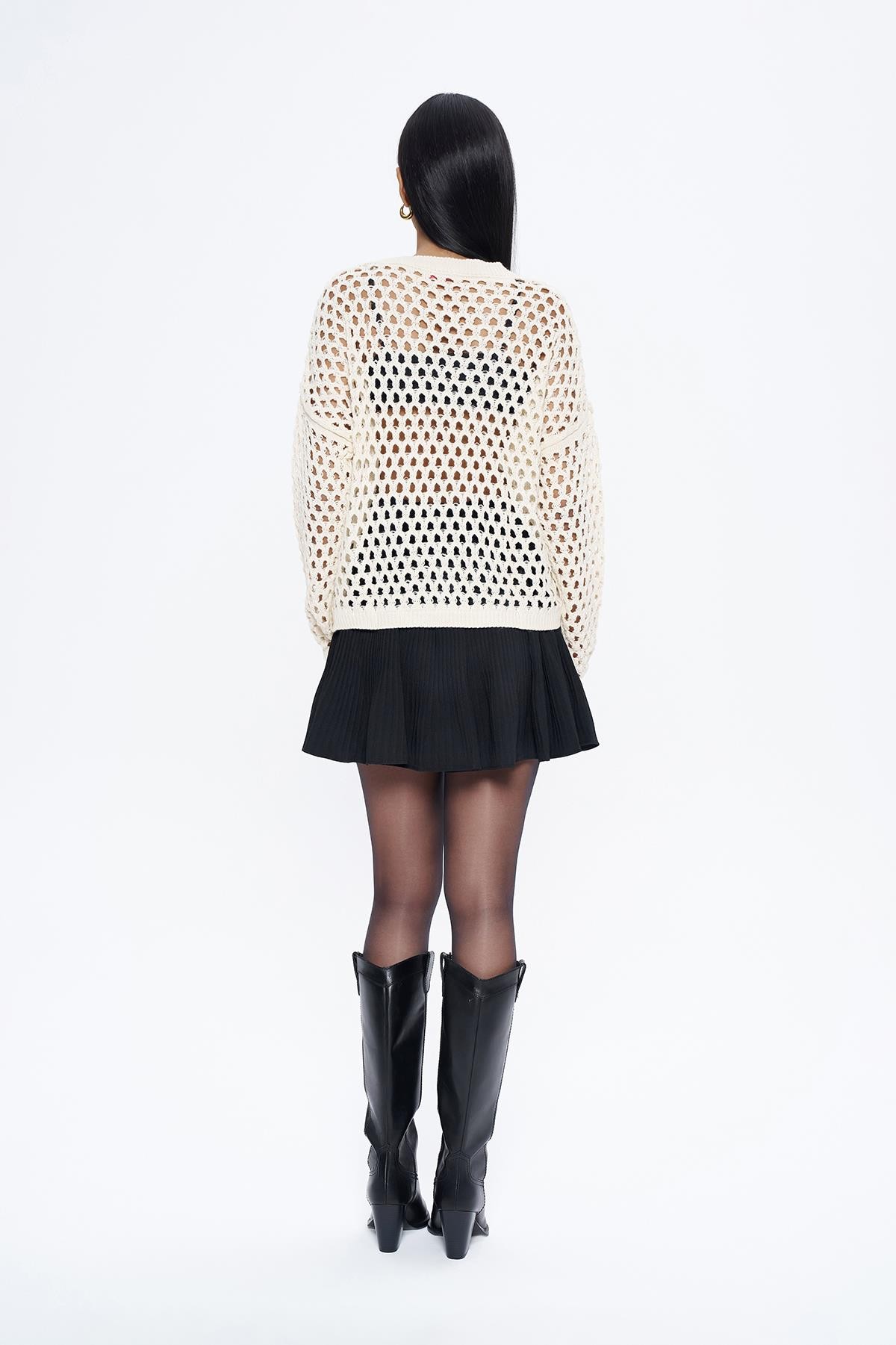 Quzu Örgü Detaylı Triko Krem