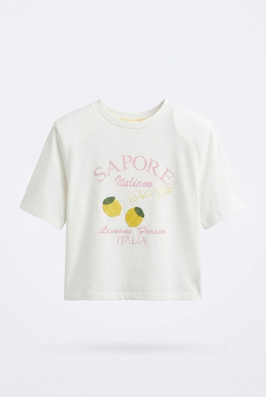 Quzu Örgü Limon Detaylı T-shirt Ekru