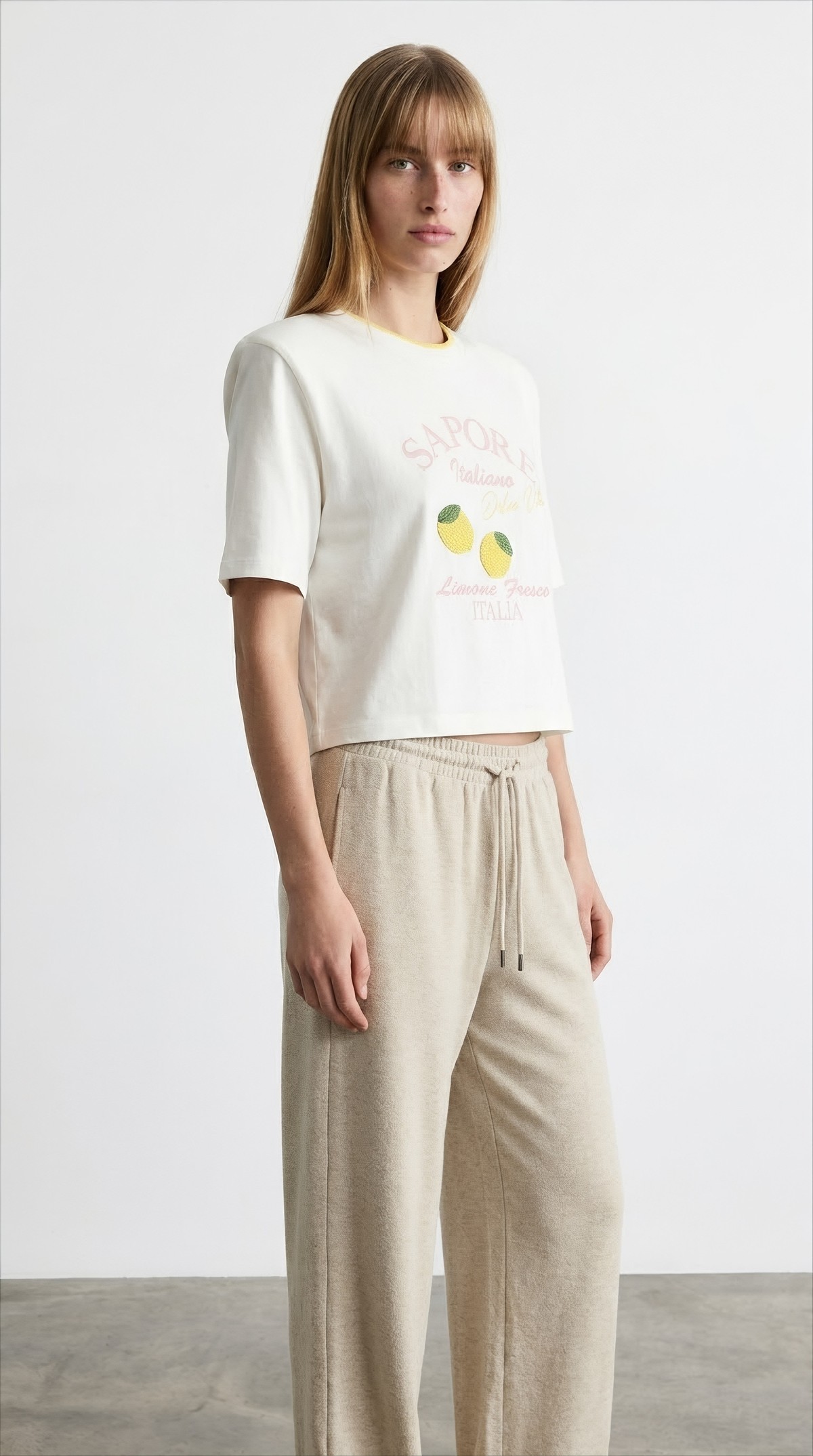 Quzu Örgü Limon Detaylı T-shirt Ekru