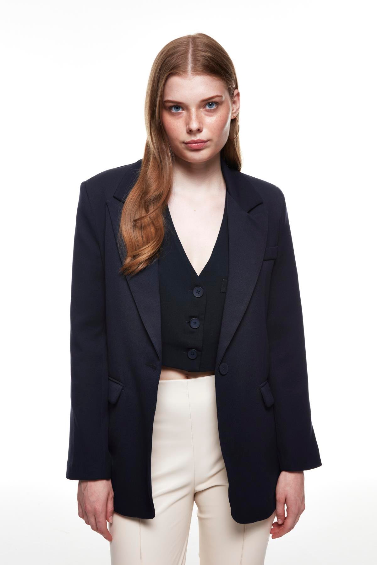 Quzu Oversize Blazer Ceket Lacivert