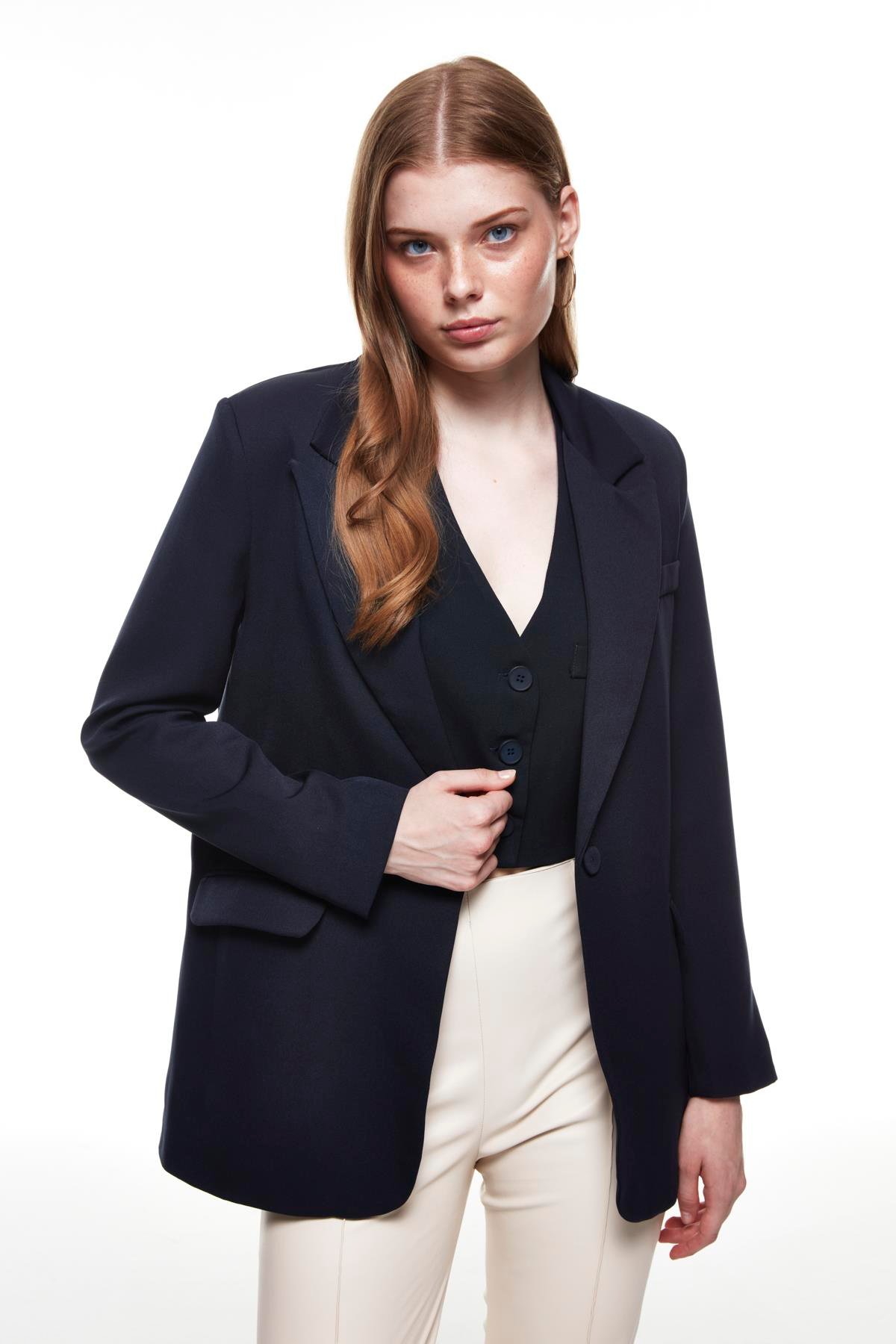 Quzu Oversize Blazer Ceket Lacivert