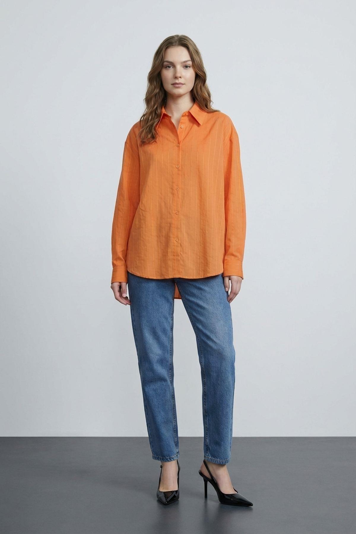 Quzu Oversize Uzun Kollu Gömlek Turuncu